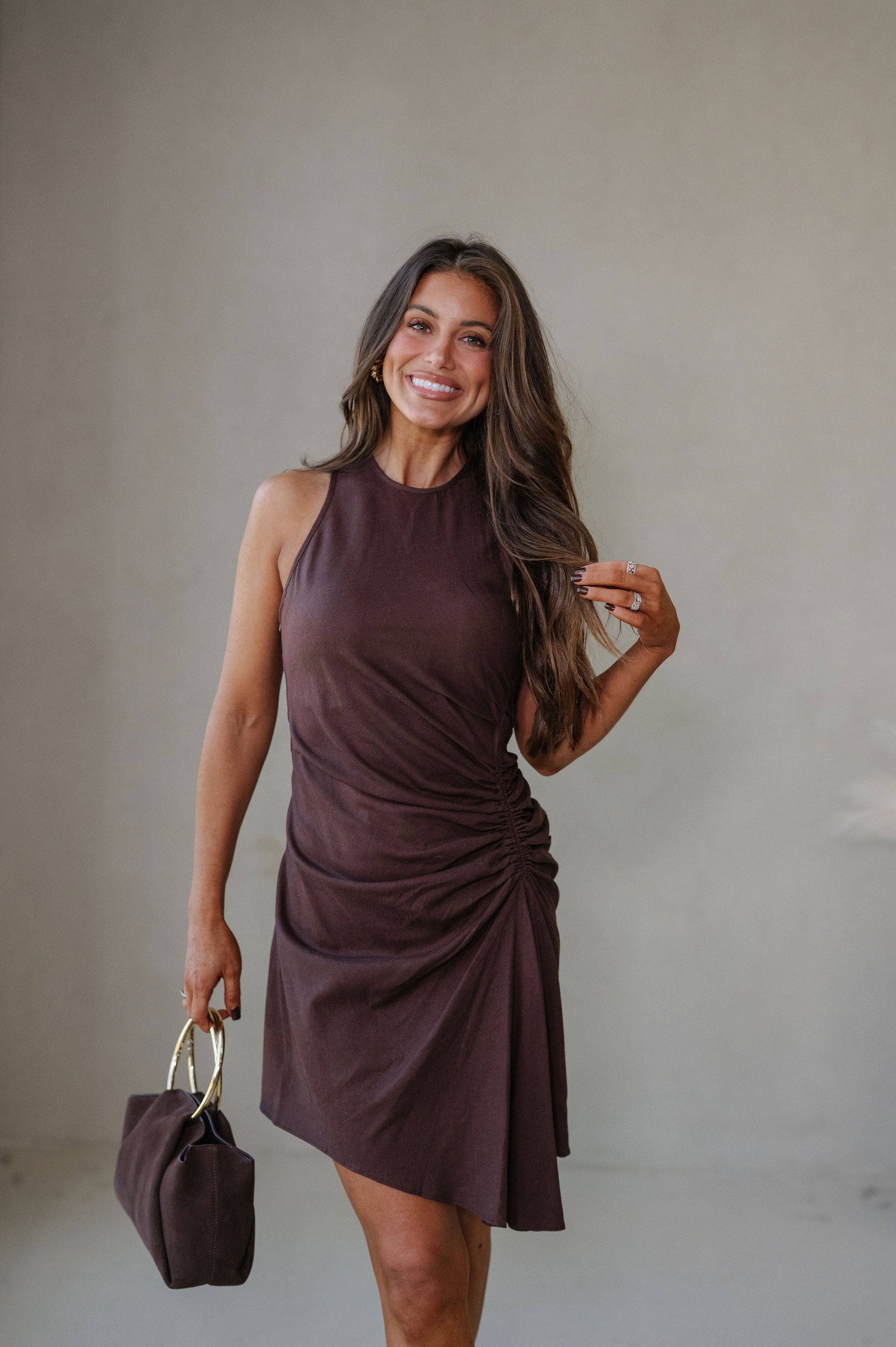 Palmer Ruched Mini Dress-Chocolate