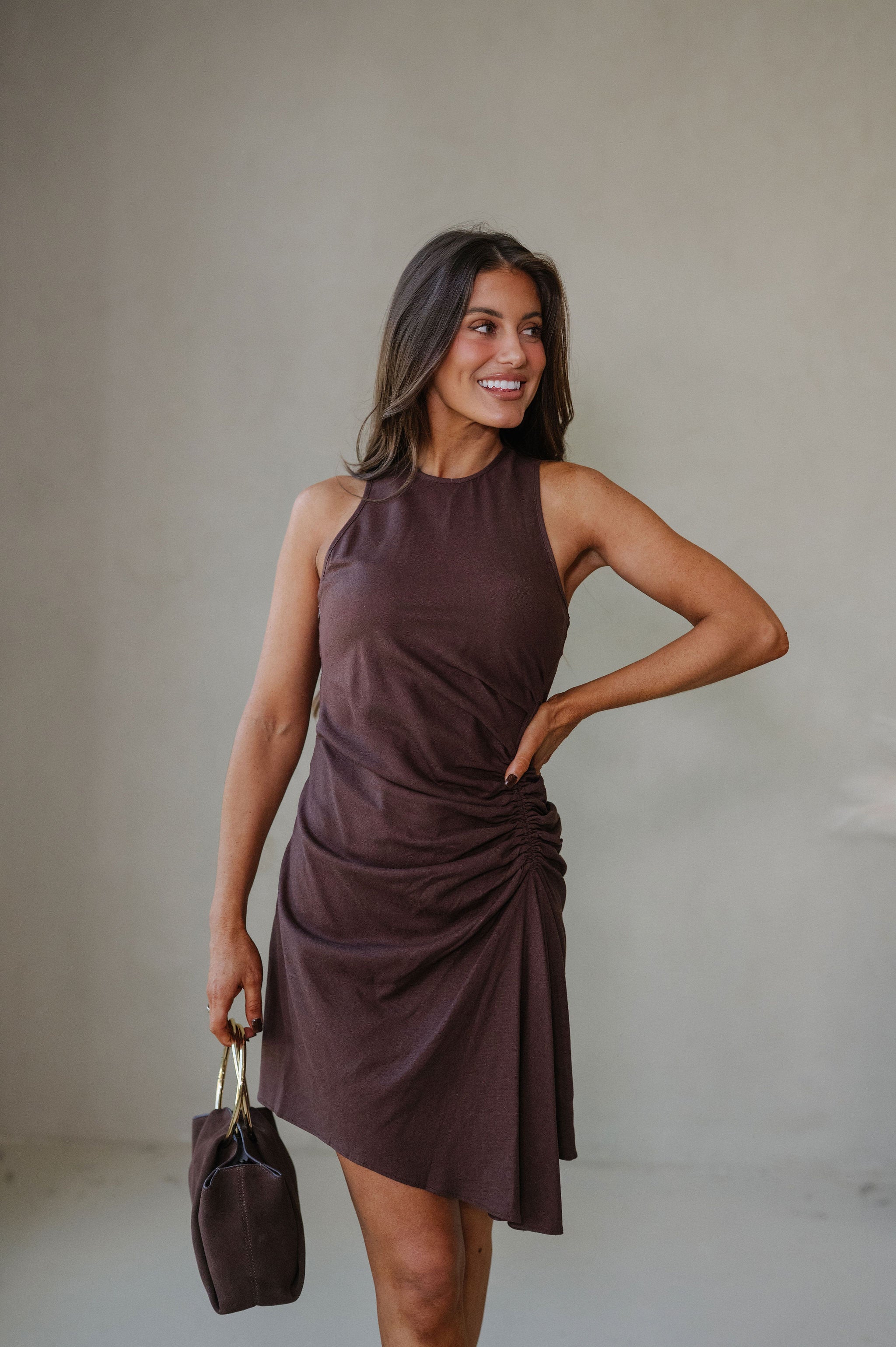Palmer Ruched Mini Dress-Chocolate