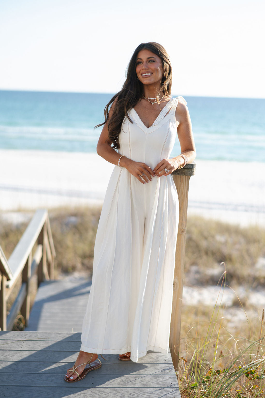 Linen Stitched Wide Leg Jumpsuit-Off White