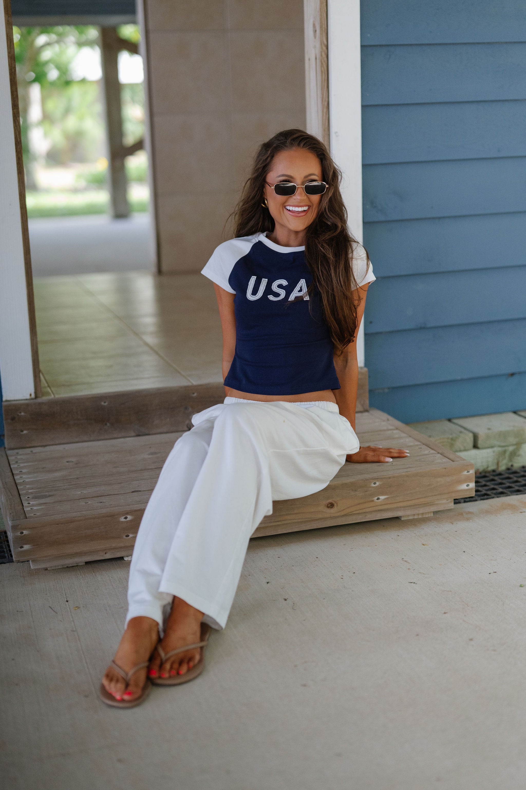 "USA" Color Block Baby Tee-Navy/White