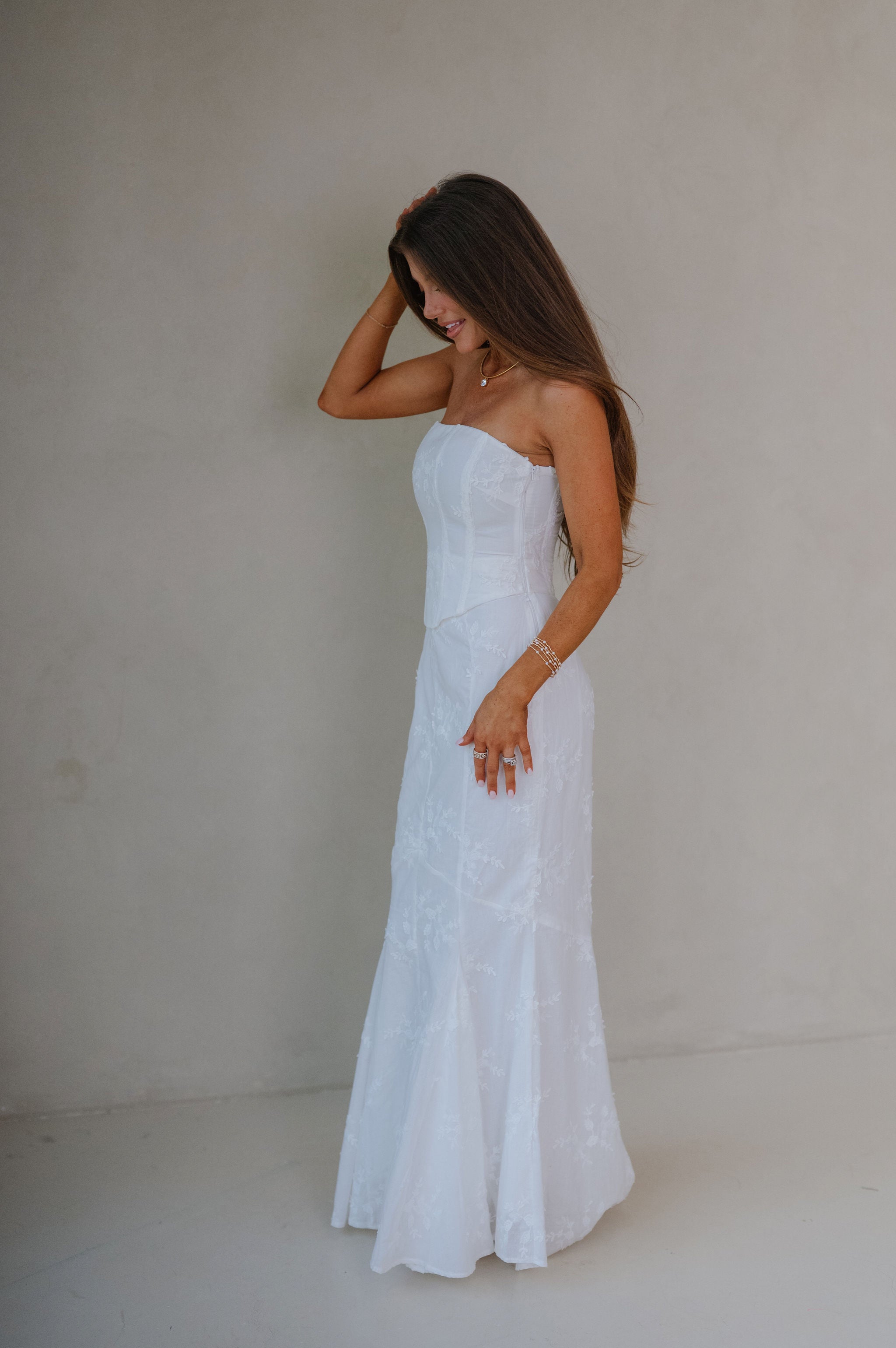 Eyelet Strapless Corset Maxi Dress-Ivory