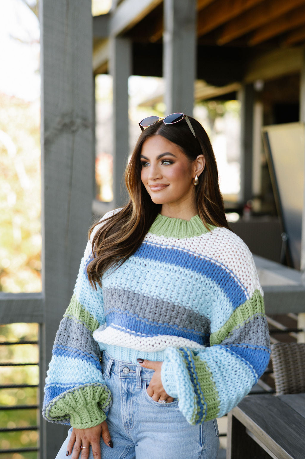 Chunky Knit Striped Sweater-Avo