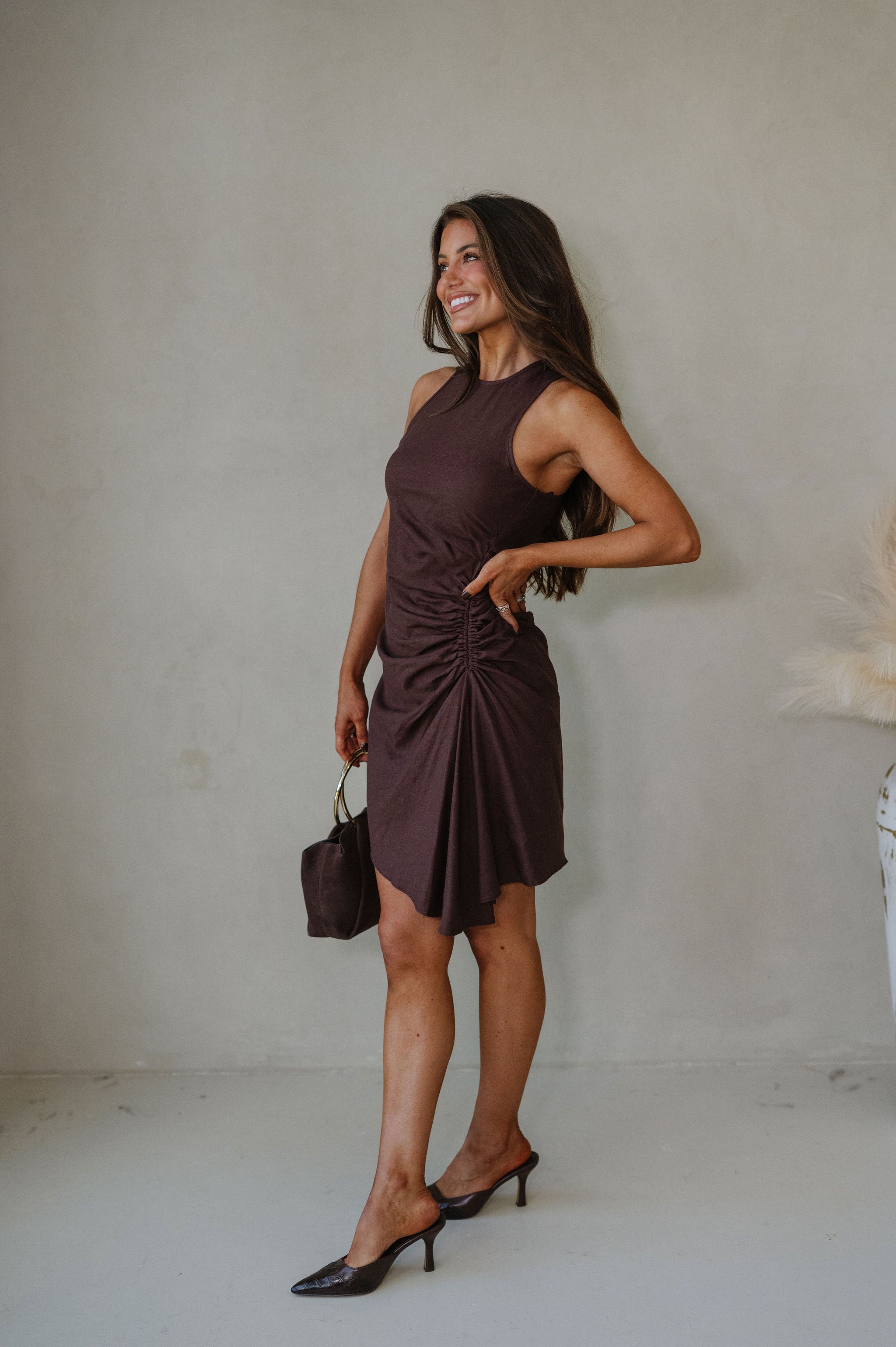 Palmer Ruched Mini Dress-Chocolate