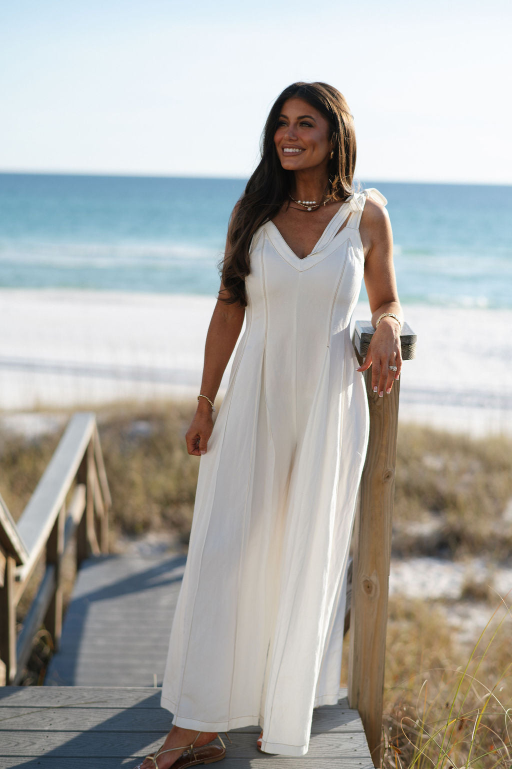 Linen Stitched Wide Leg Jumpsuit-Off White