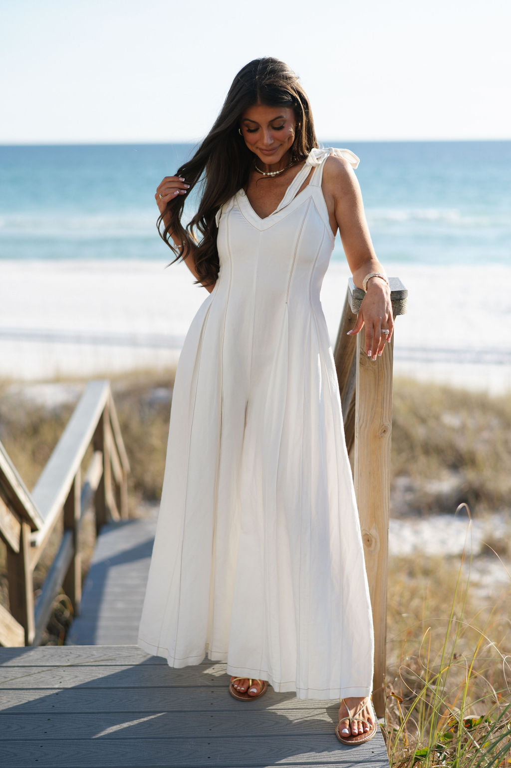 Linen Stitched Wide Leg Jumpsuit-Off White