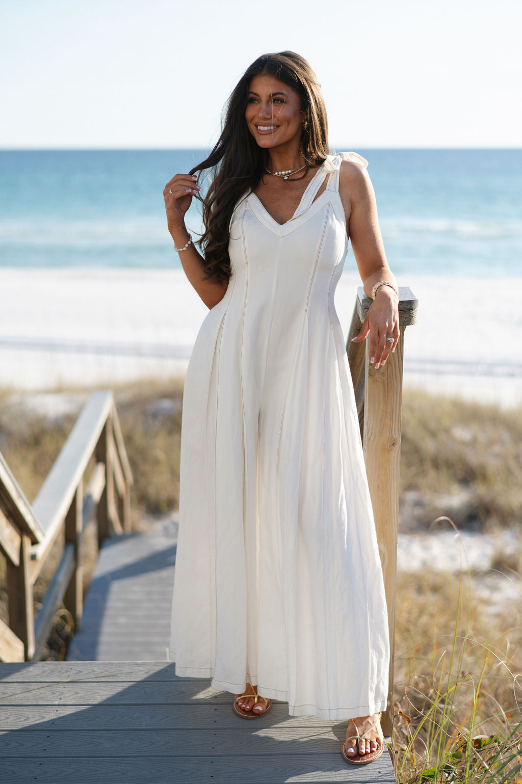 Linen Stitched Wide Leg Jumpsuit-Off White