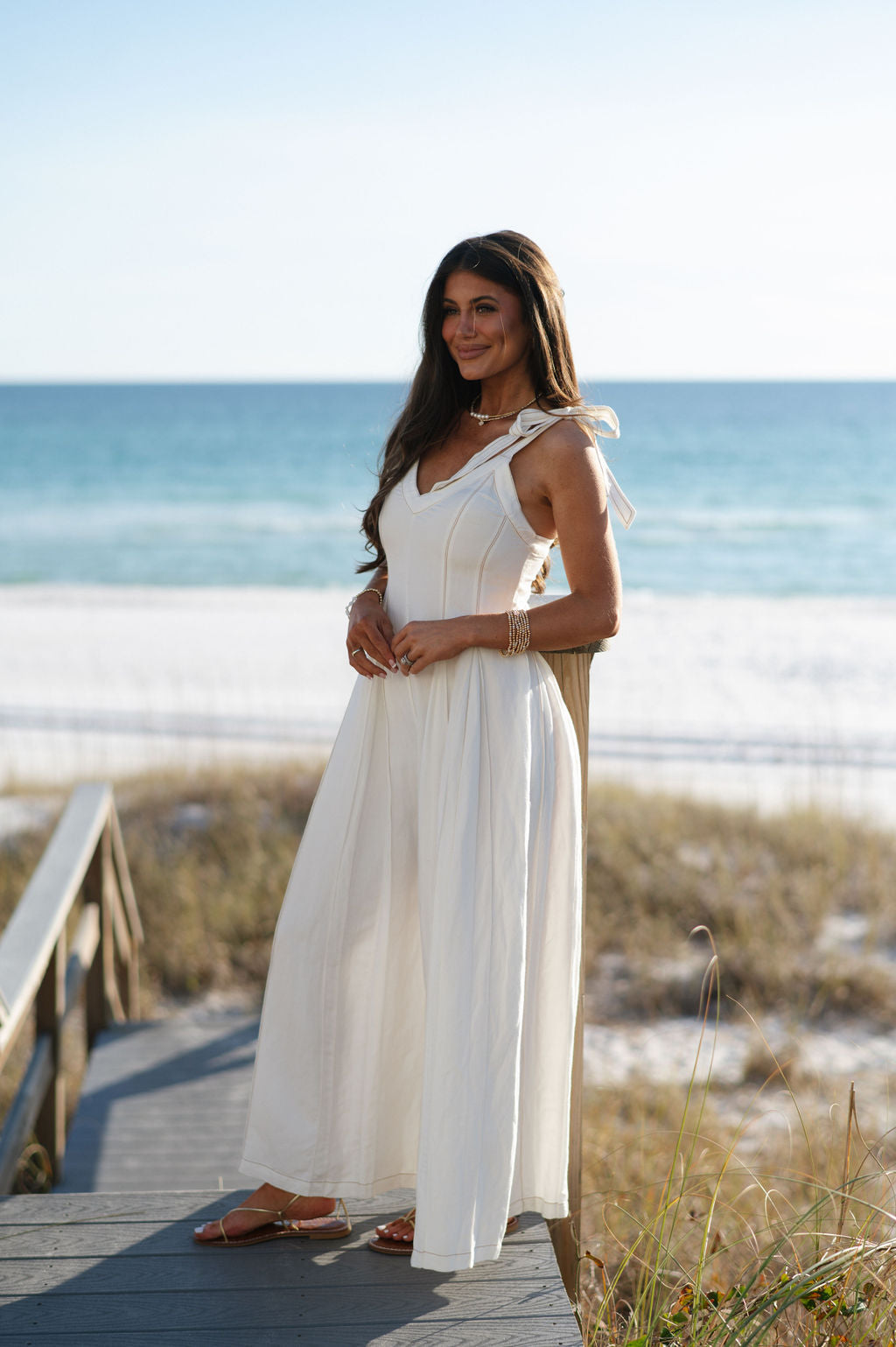 Linen Stitched Wide Leg Jumpsuit-Off White