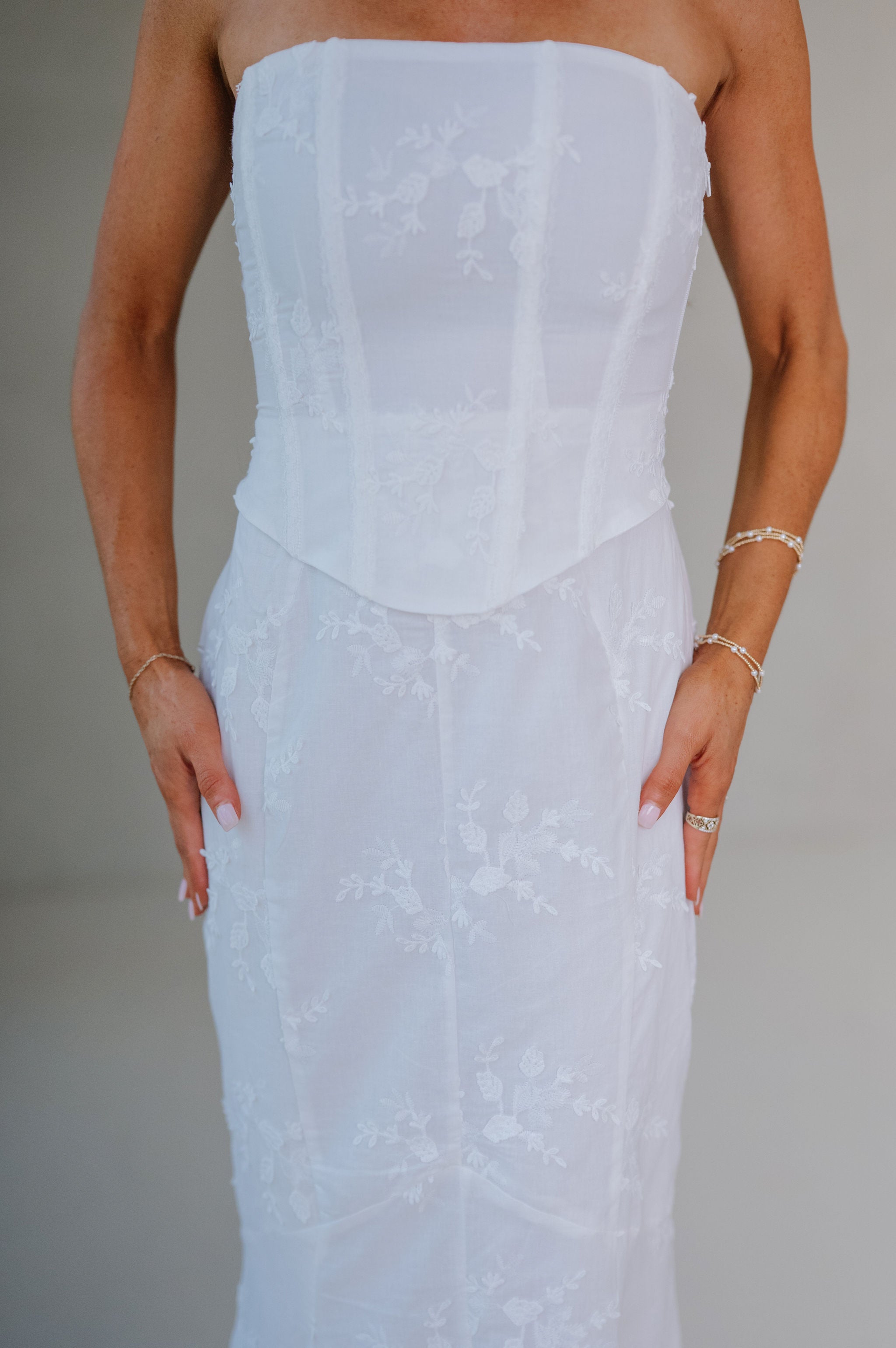 Eyelet Strapless Corset Maxi Dress-Ivory