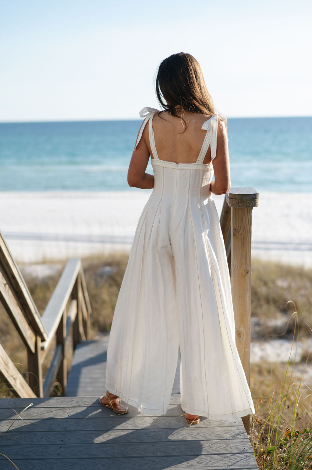 Linen Stitched Wide Leg Jumpsuit-Off White