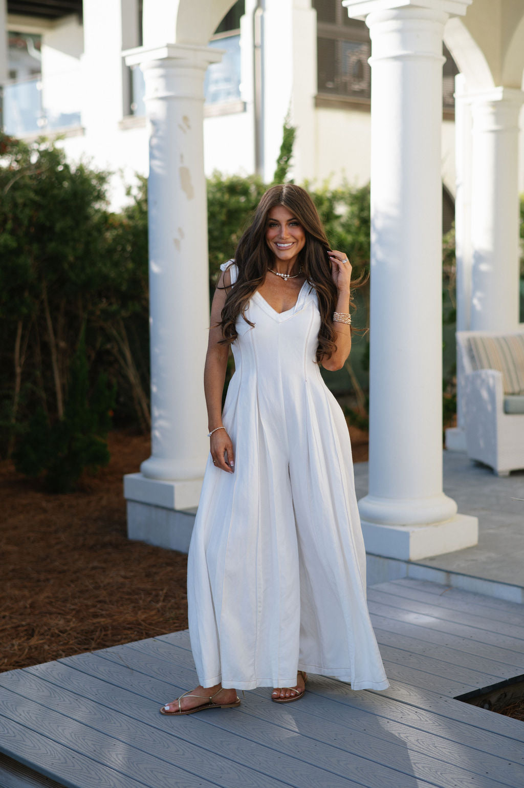 Linen Stitched Wide Leg Jumpsuit-Off White