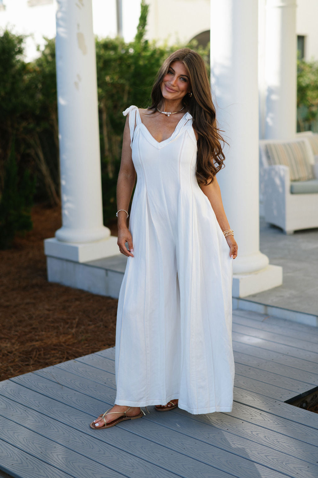 Linen Stitched Wide Leg Jumpsuit-Off White