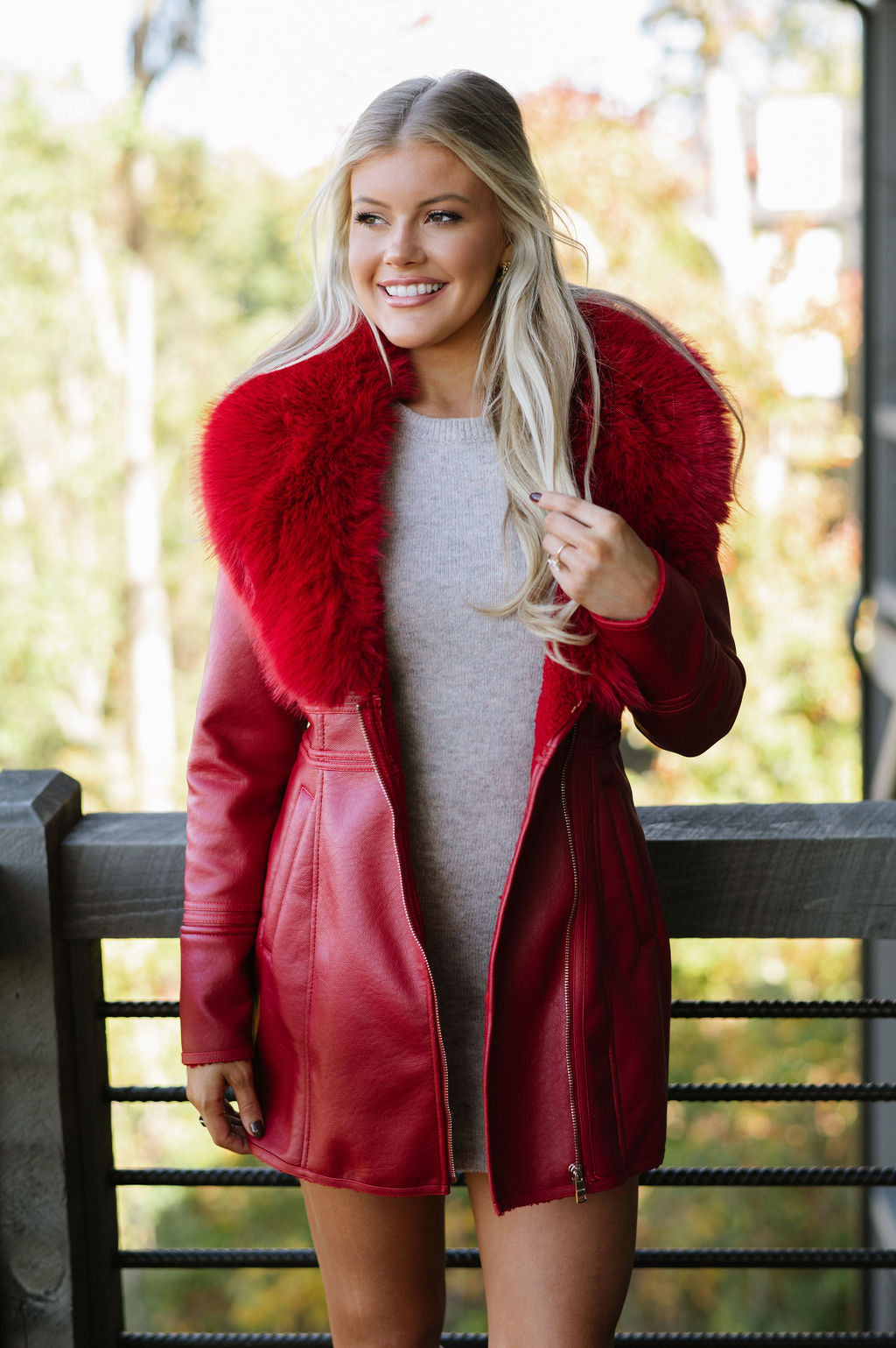 Leather Fur Collar Jacket- Red