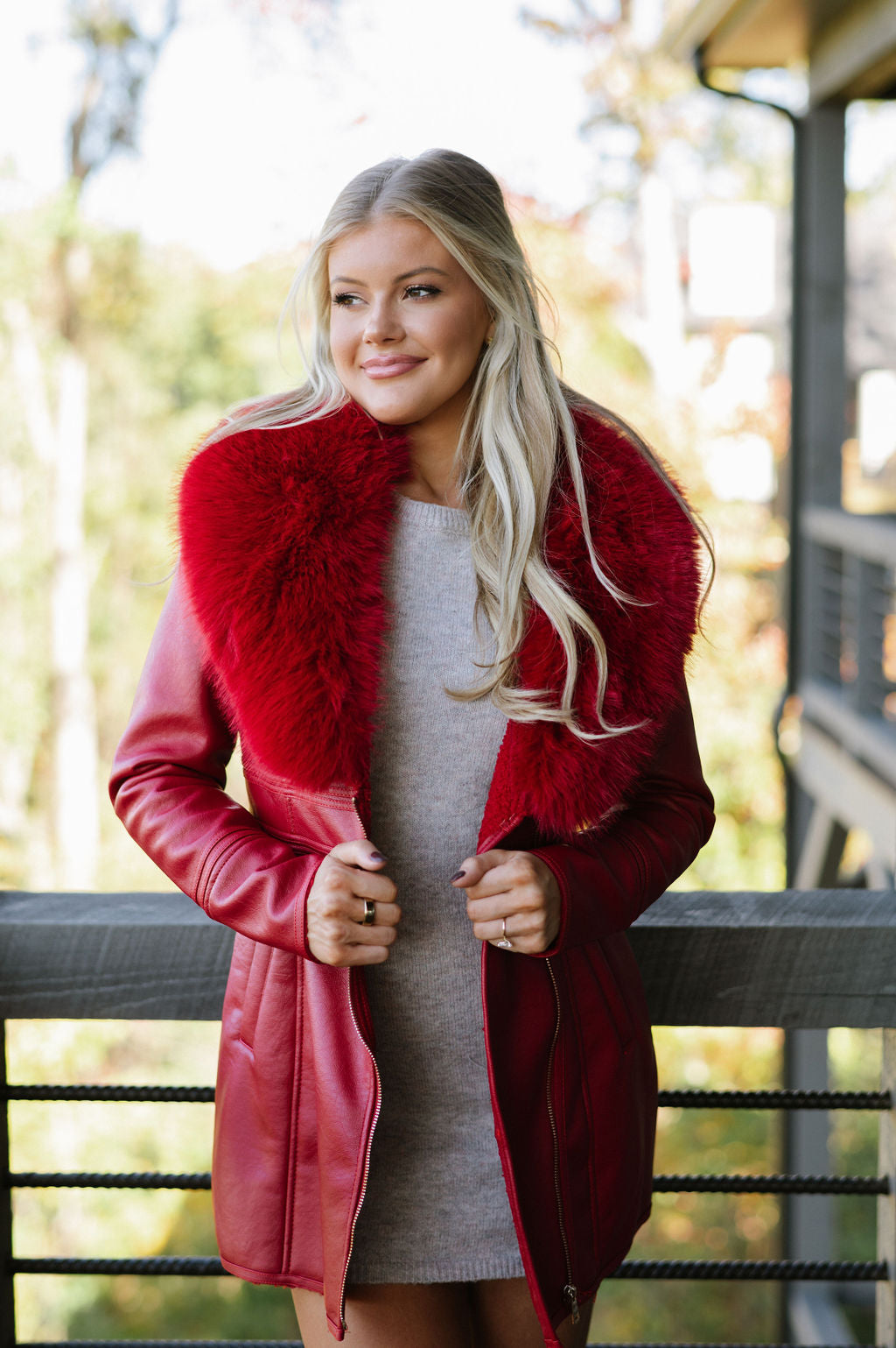 Leather Fur Collar Jacket- Red