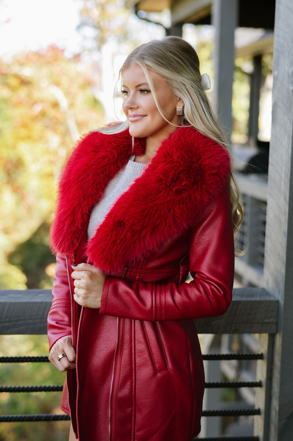 Leather Fur Collar Jacket- Red