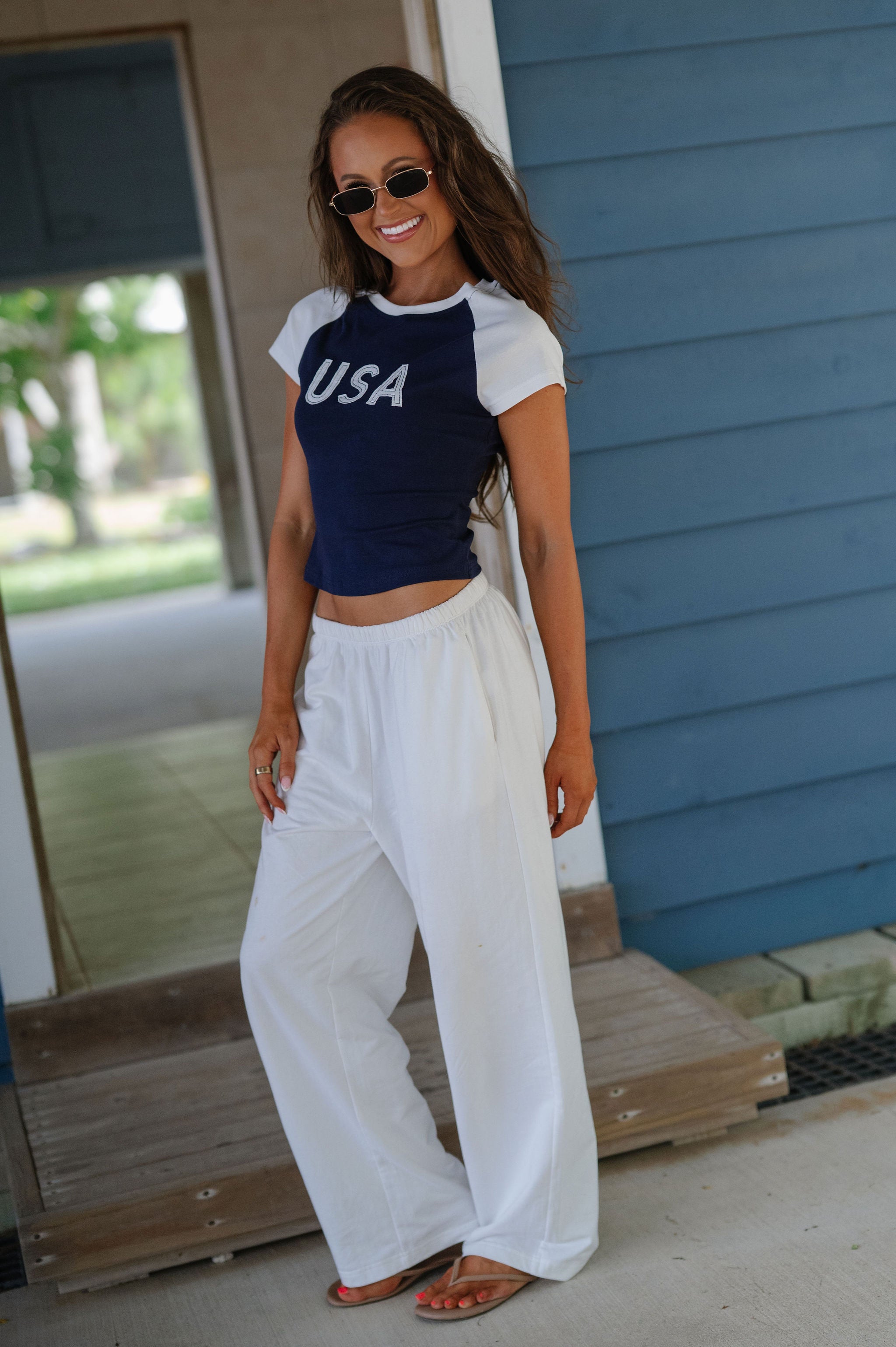 "USA" Color Block Baby Tee-Navy/White