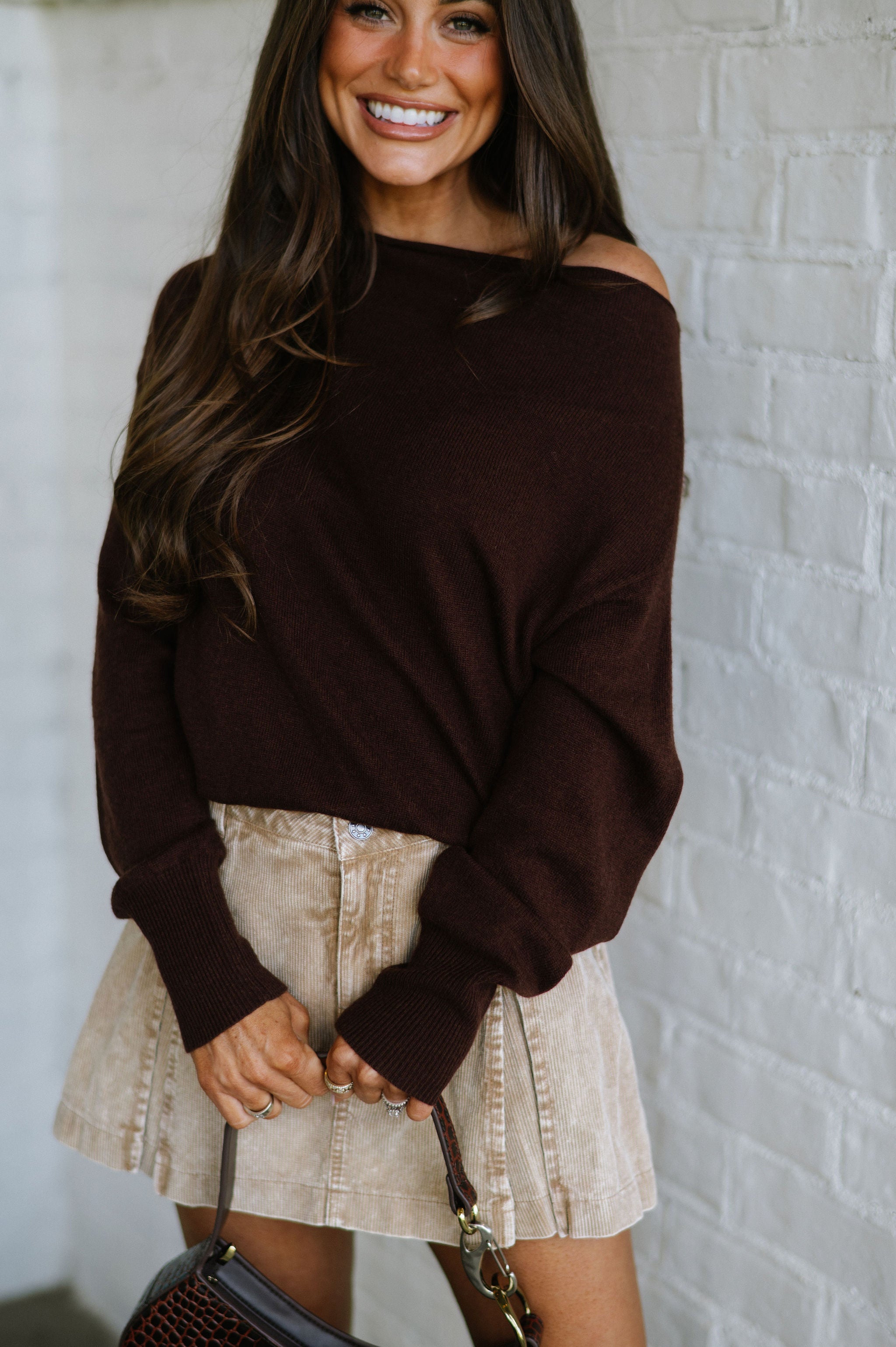 Off the Shoulder Ribbed Sweater- Coffee