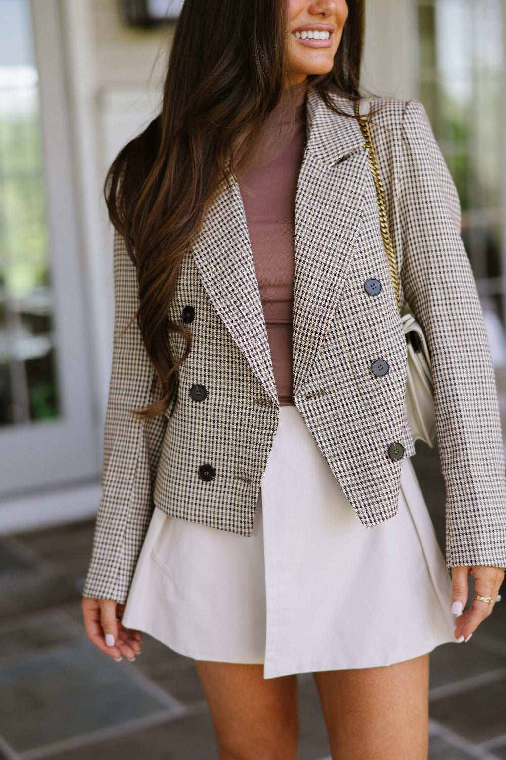 Double Breasted Houndstooth Blazer- Brown