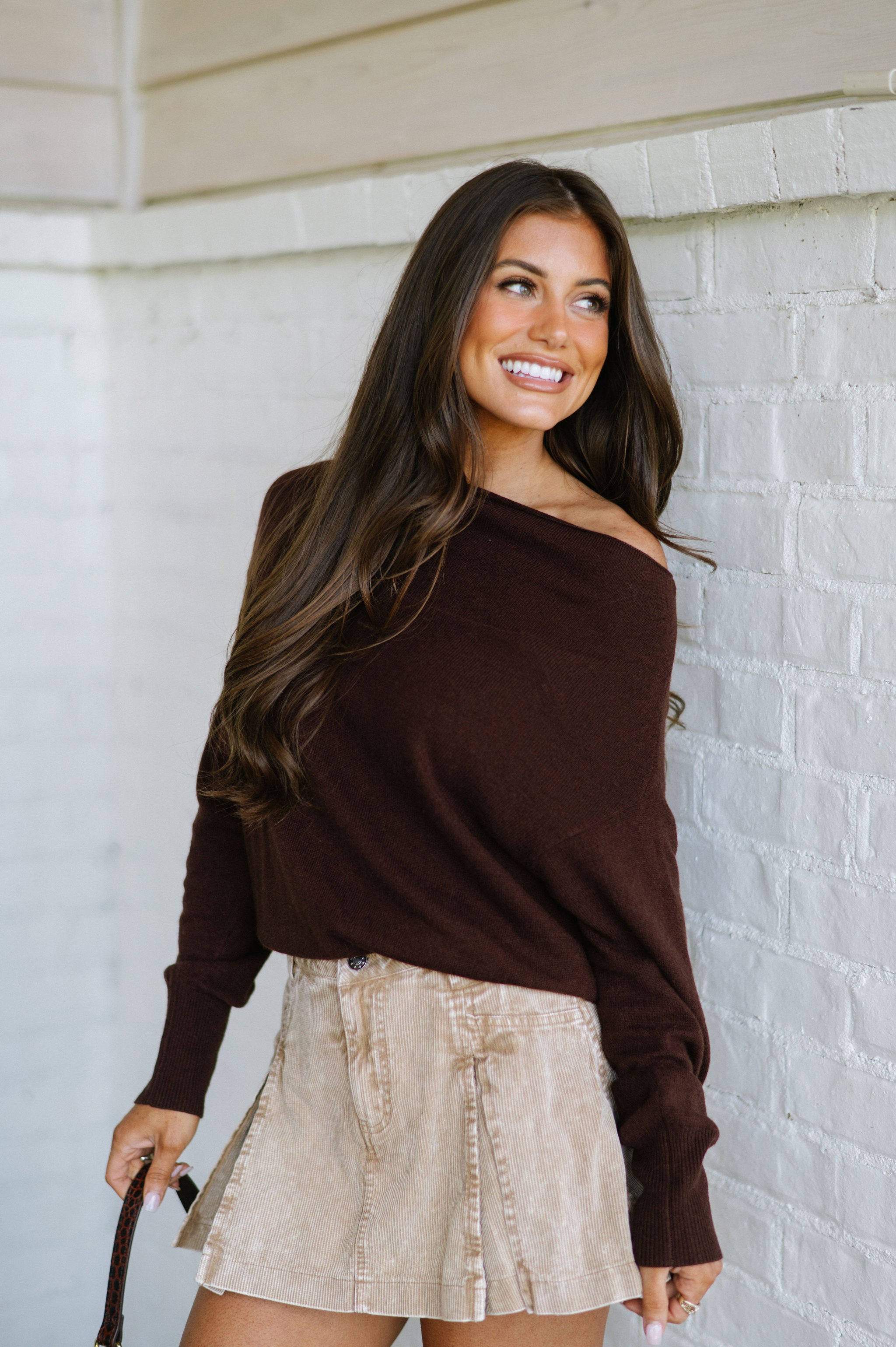 Off the Shoulder Ribbed Sweater- Coffee