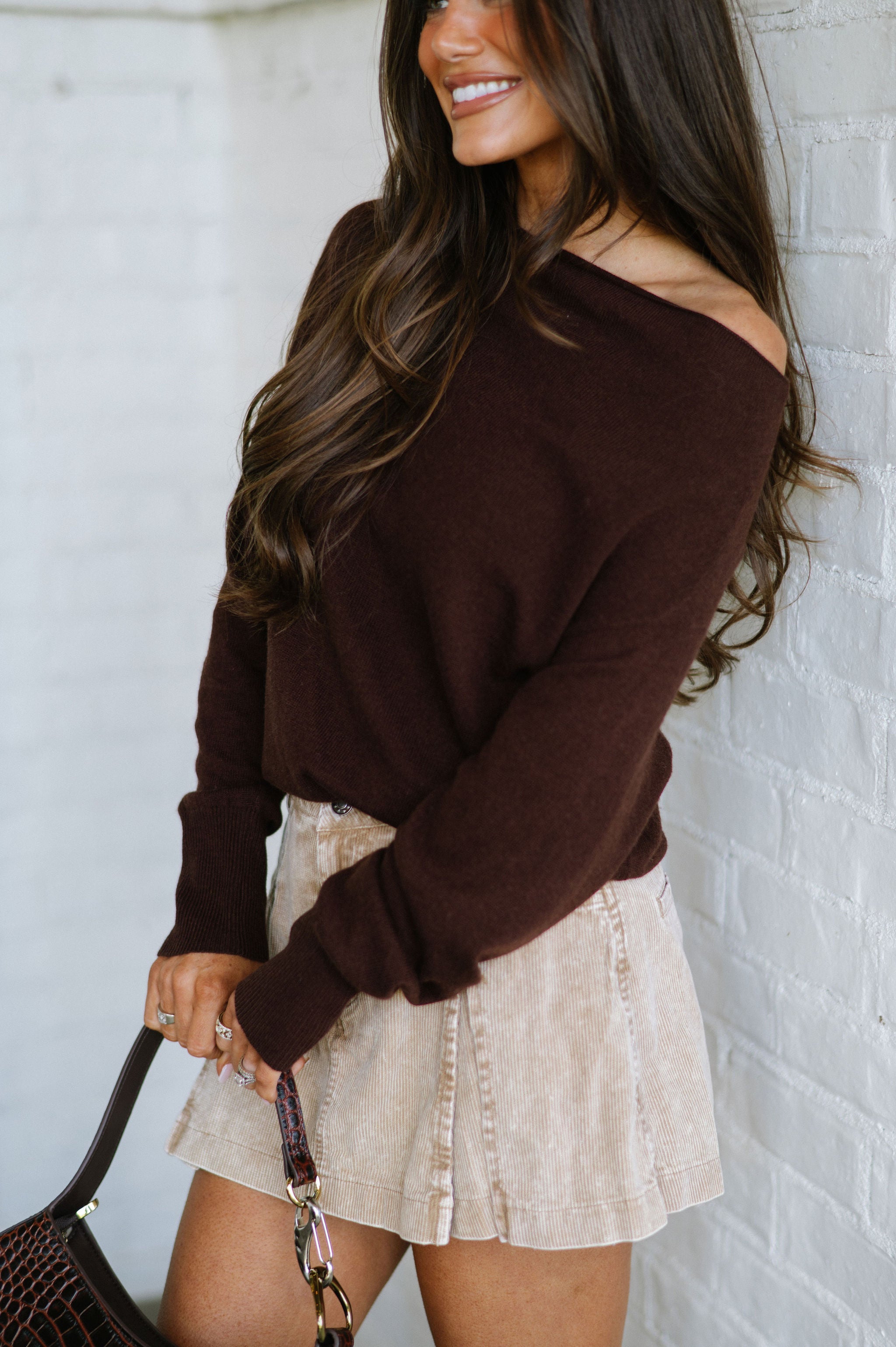 Off the Shoulder Ribbed Sweater- Coffee