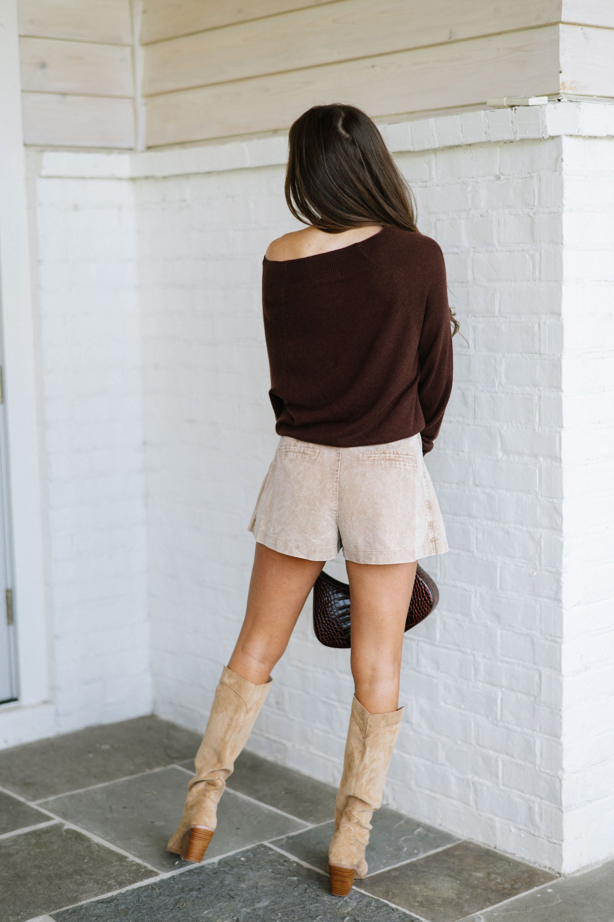 Off the Shoulder Ribbed Sweater- Coffee