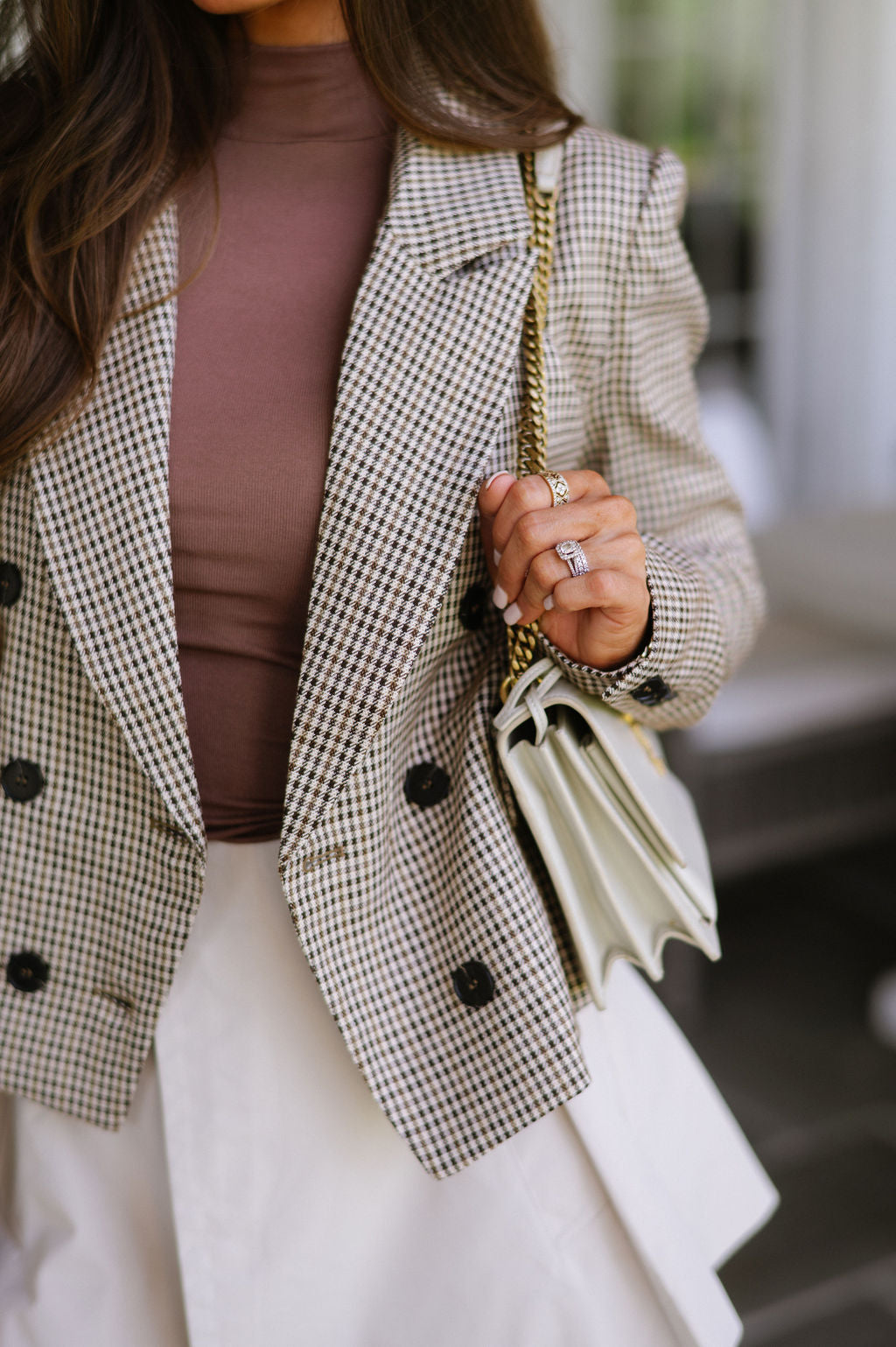 Double Breasted Houndstooth Blazer- Brown