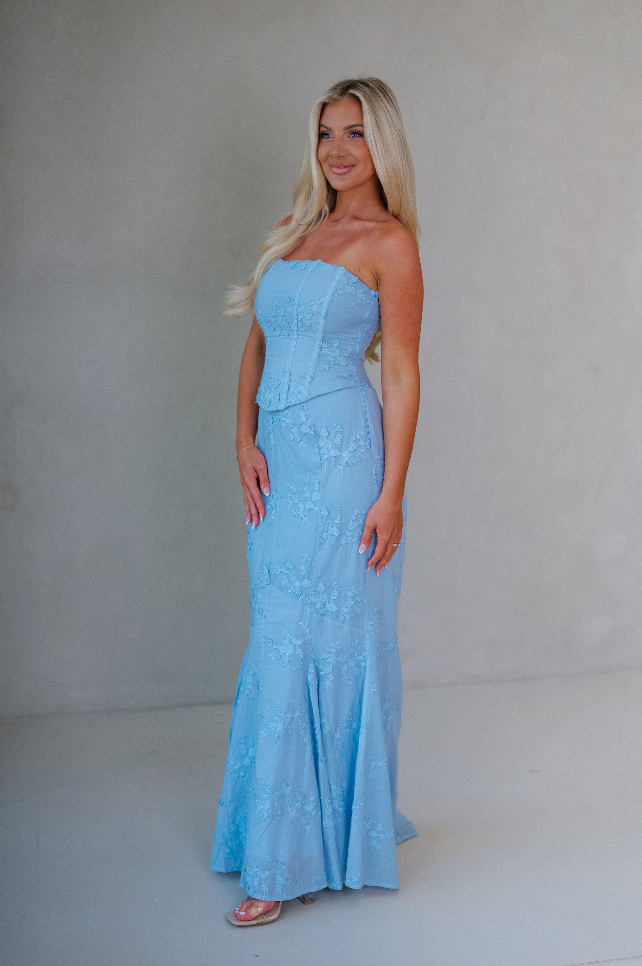 Eyelet Strapless Corset Maxi Dress-Baby Blue