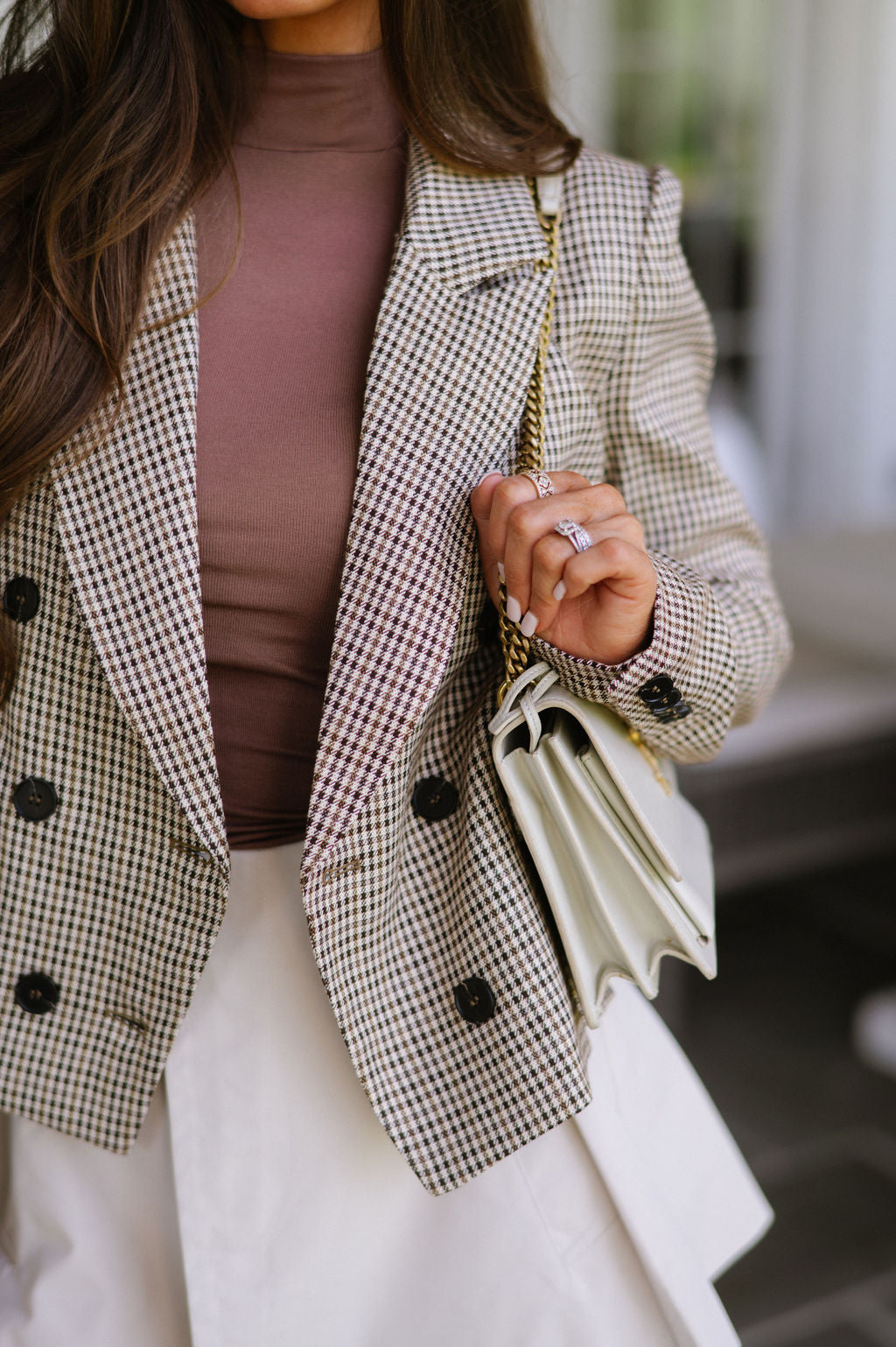 Double Breasted Houndstooth Blazer- Brown