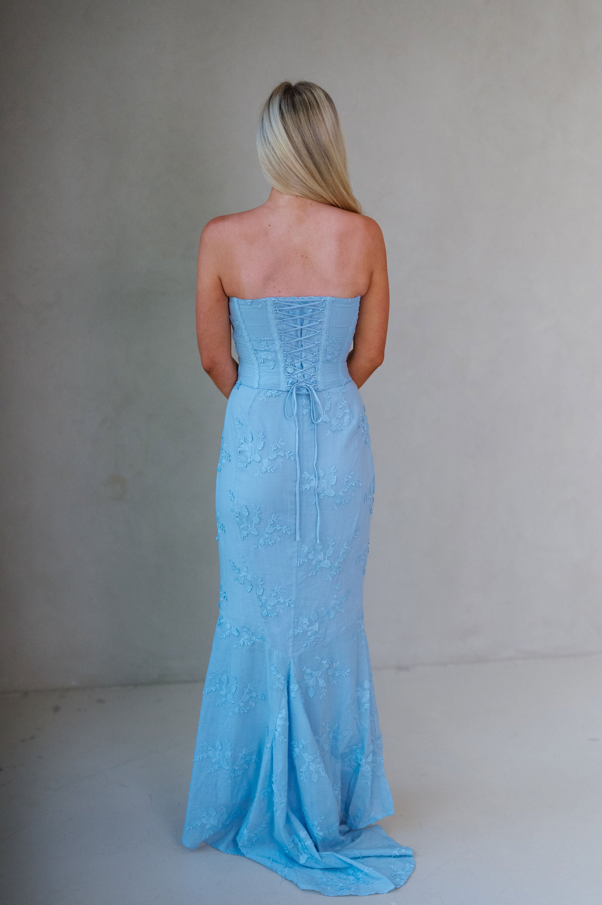 Eyelet Strapless Corset Maxi Dress-Baby Blue