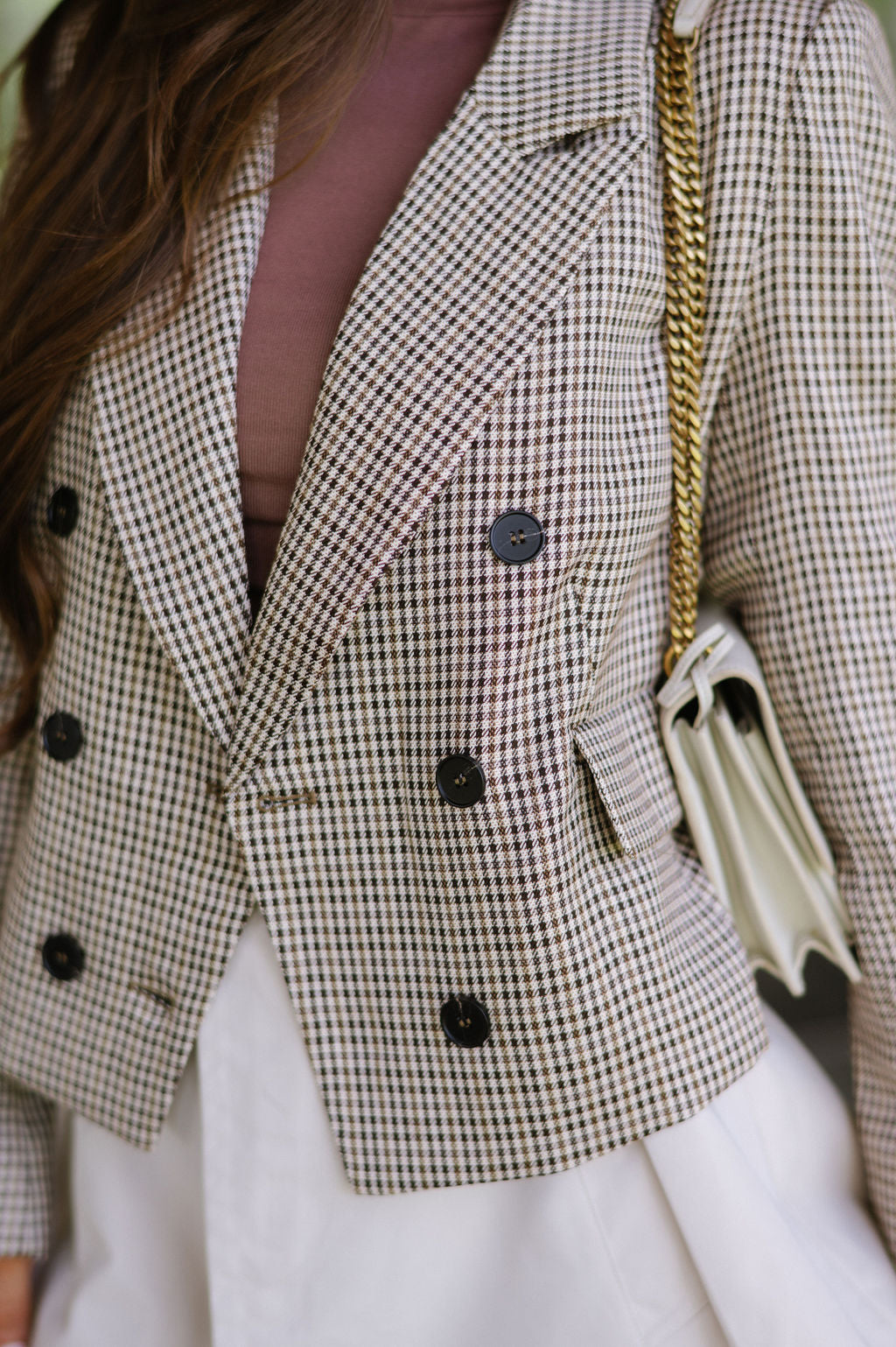 Double Breasted Houndstooth Blazer- Brown