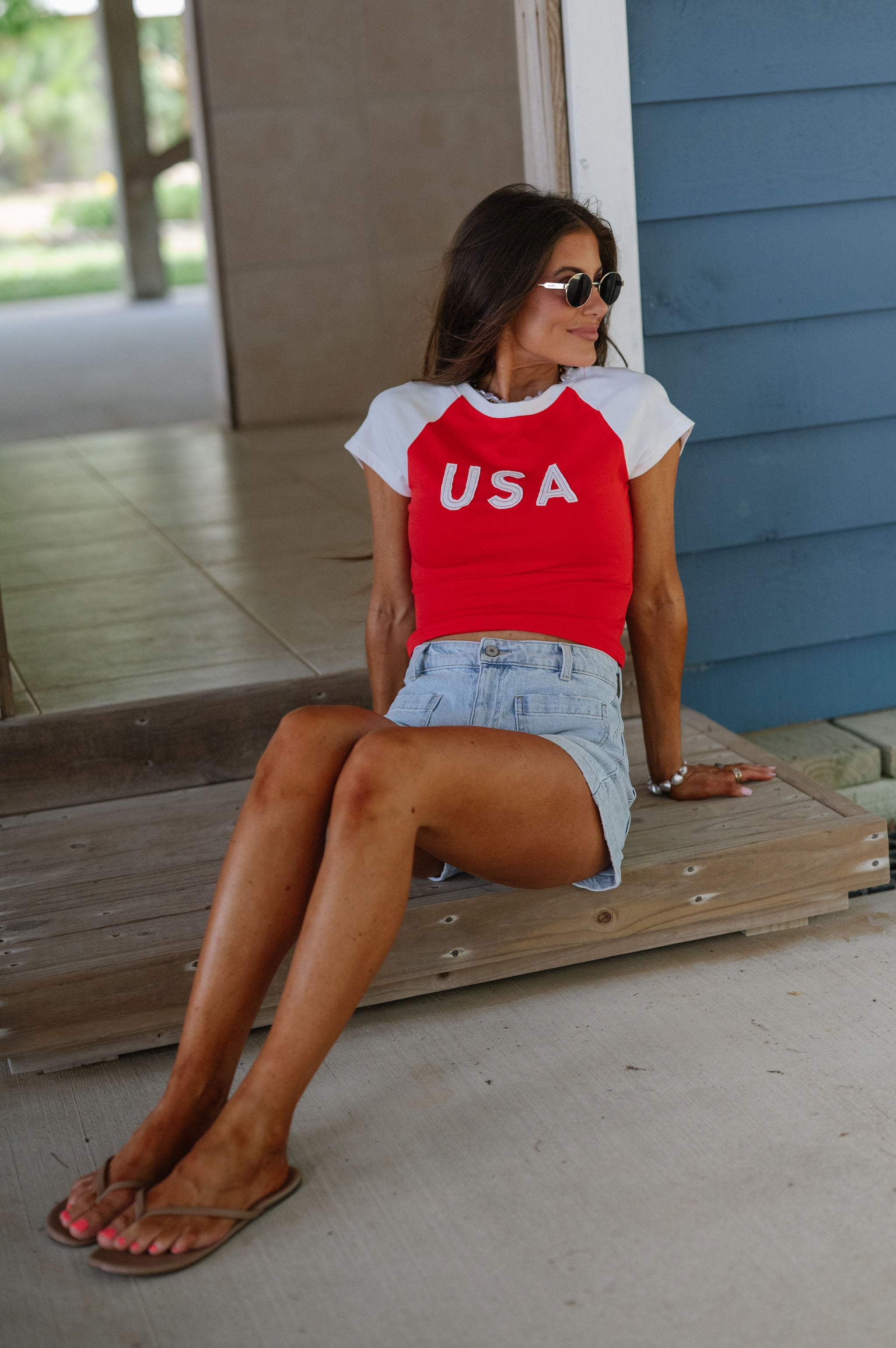 "USA" Color Block Baby Tee-Red/White
