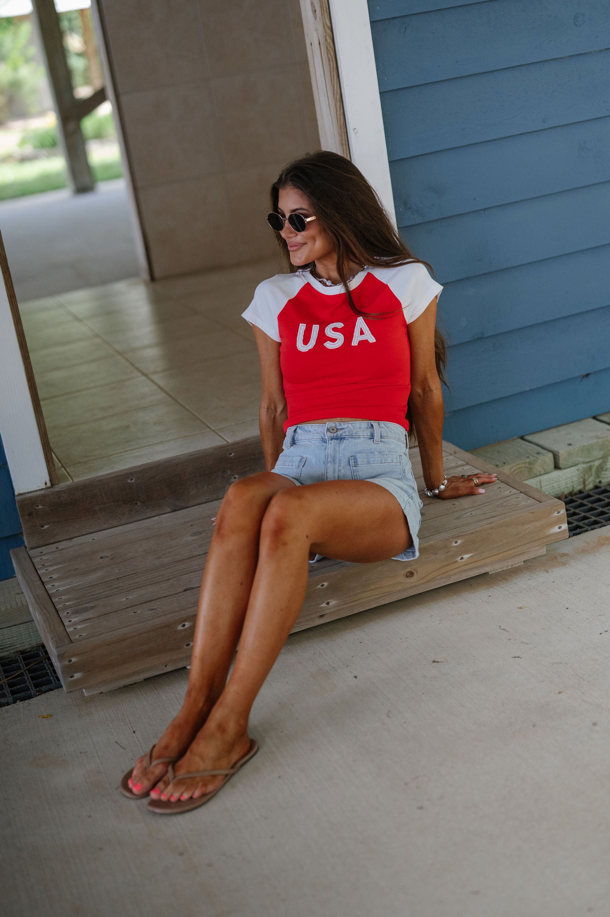 "USA" Color Block Baby Tee-Red/White