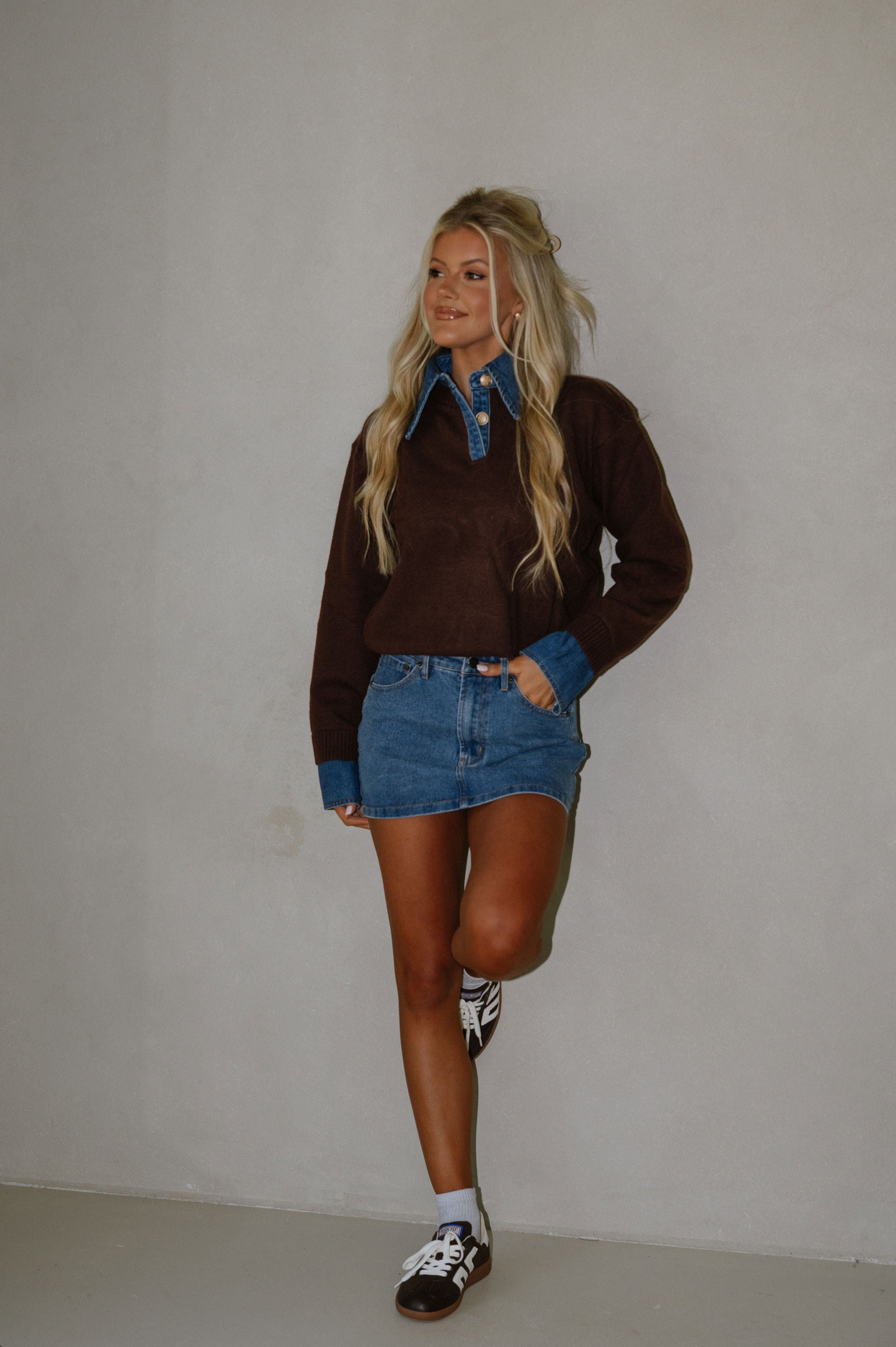 Denim Knit Top-Brown