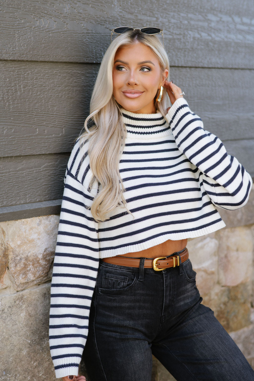 Striped Ribbed Sweater-Ivory/Navy