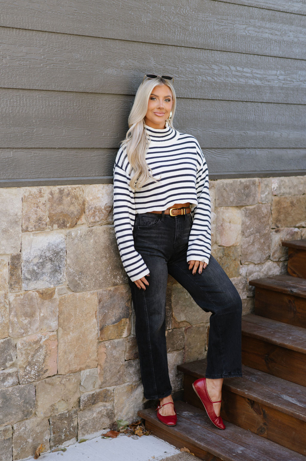 Striped Ribbed Sweater-Ivory/Navy