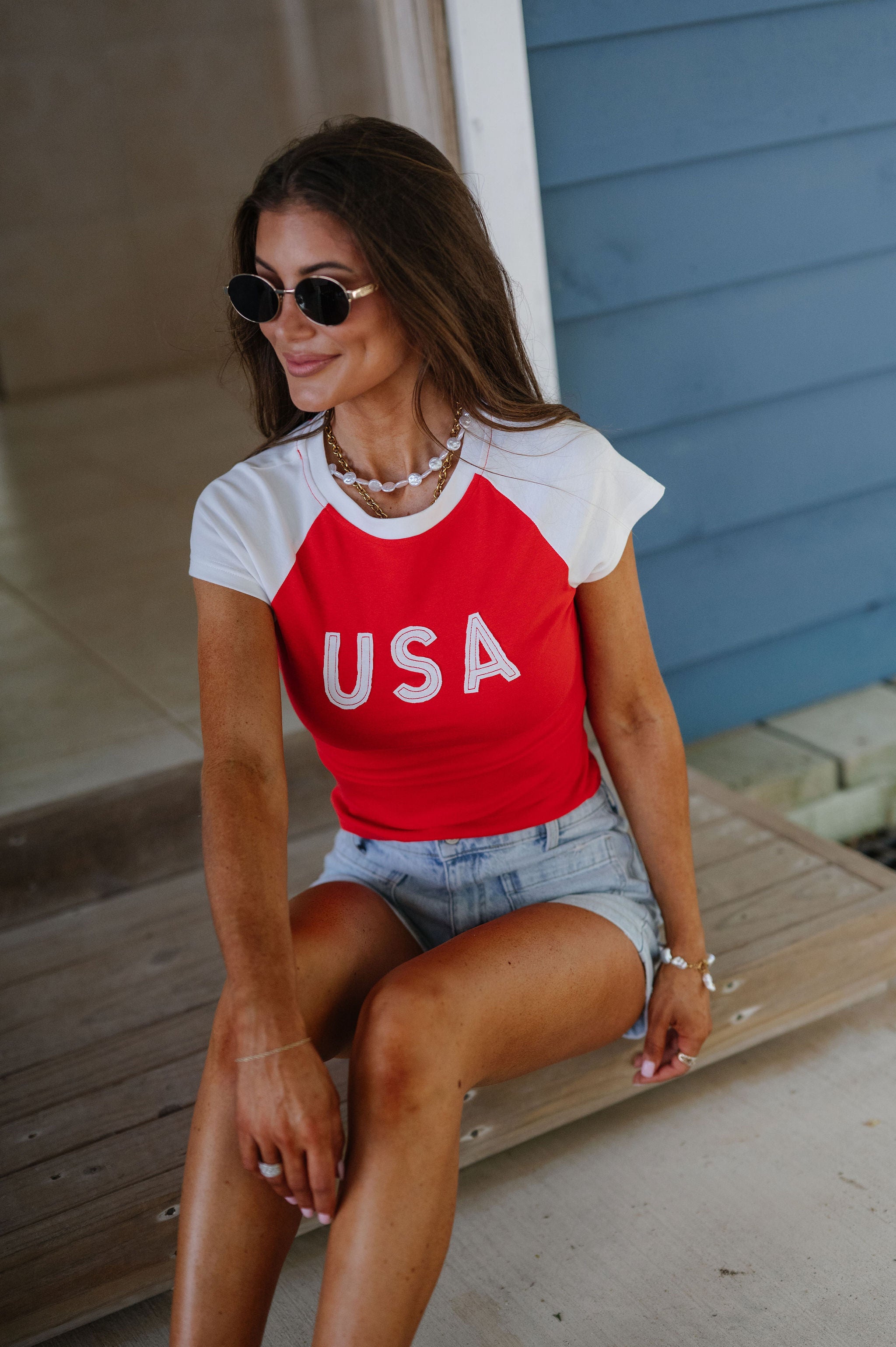 "USA" Color Block Baby Tee-Red/White
