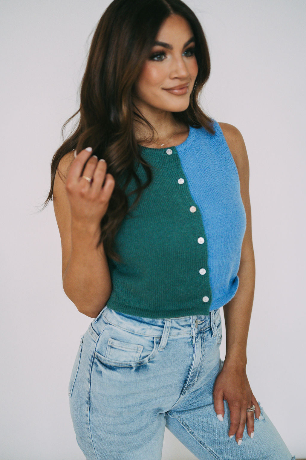 Lori Round Neck Color Block Sweater- Green/Blue