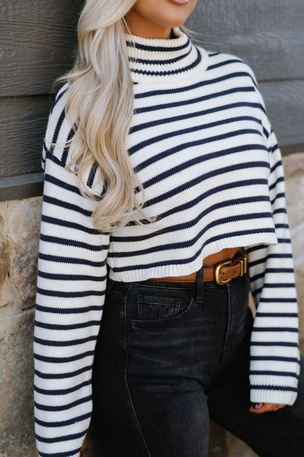 Striped Ribbed Sweater-Ivory/Navy