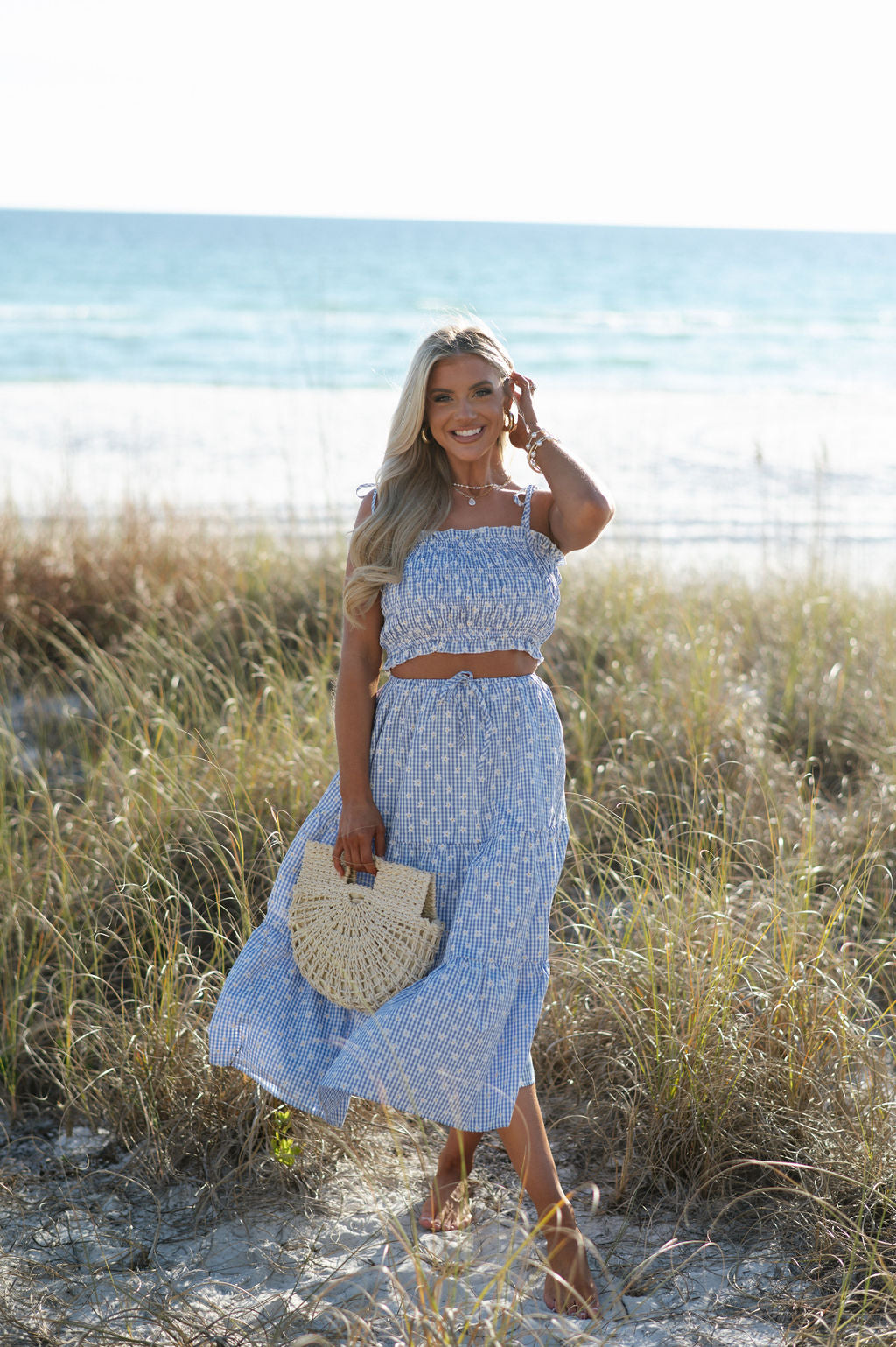 Flower Gingham Skirt Set-Blue