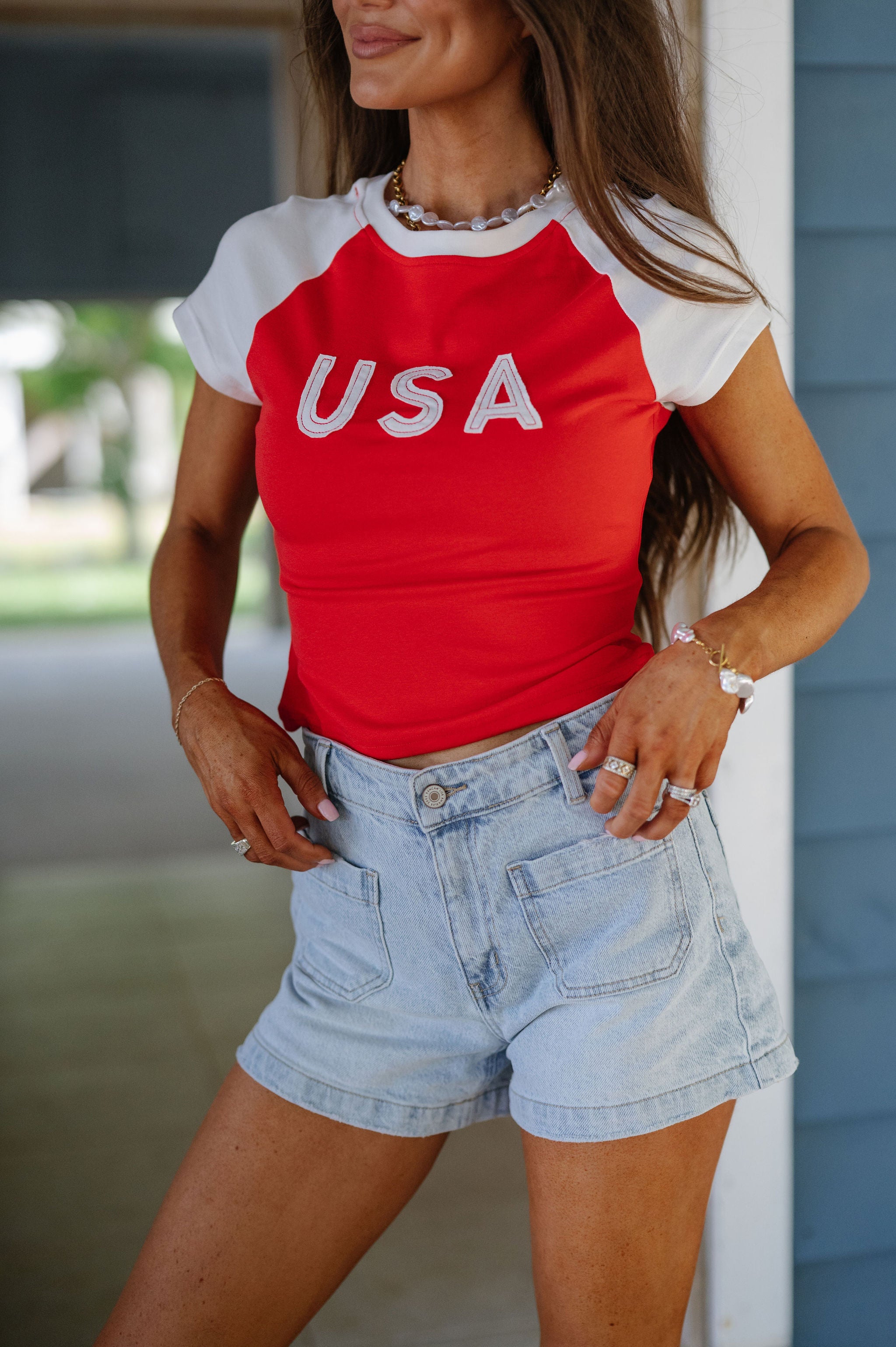 "USA" Color Block Baby Tee-Red/White