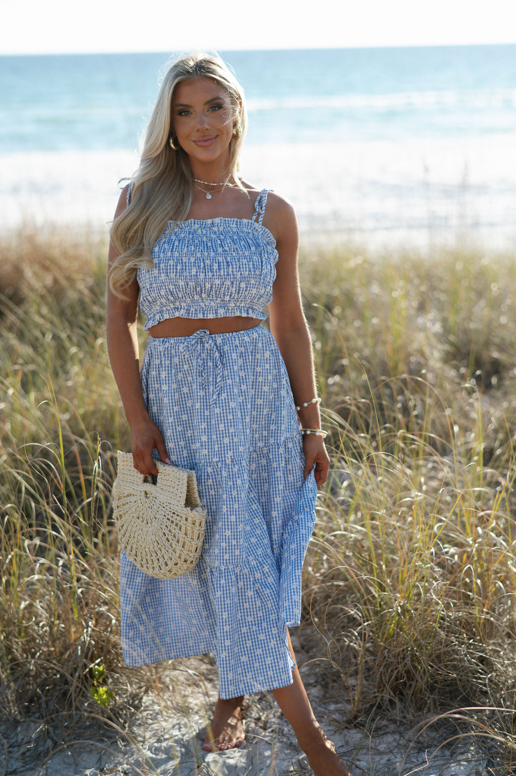 Flower Gingham Skirt Set-Blue