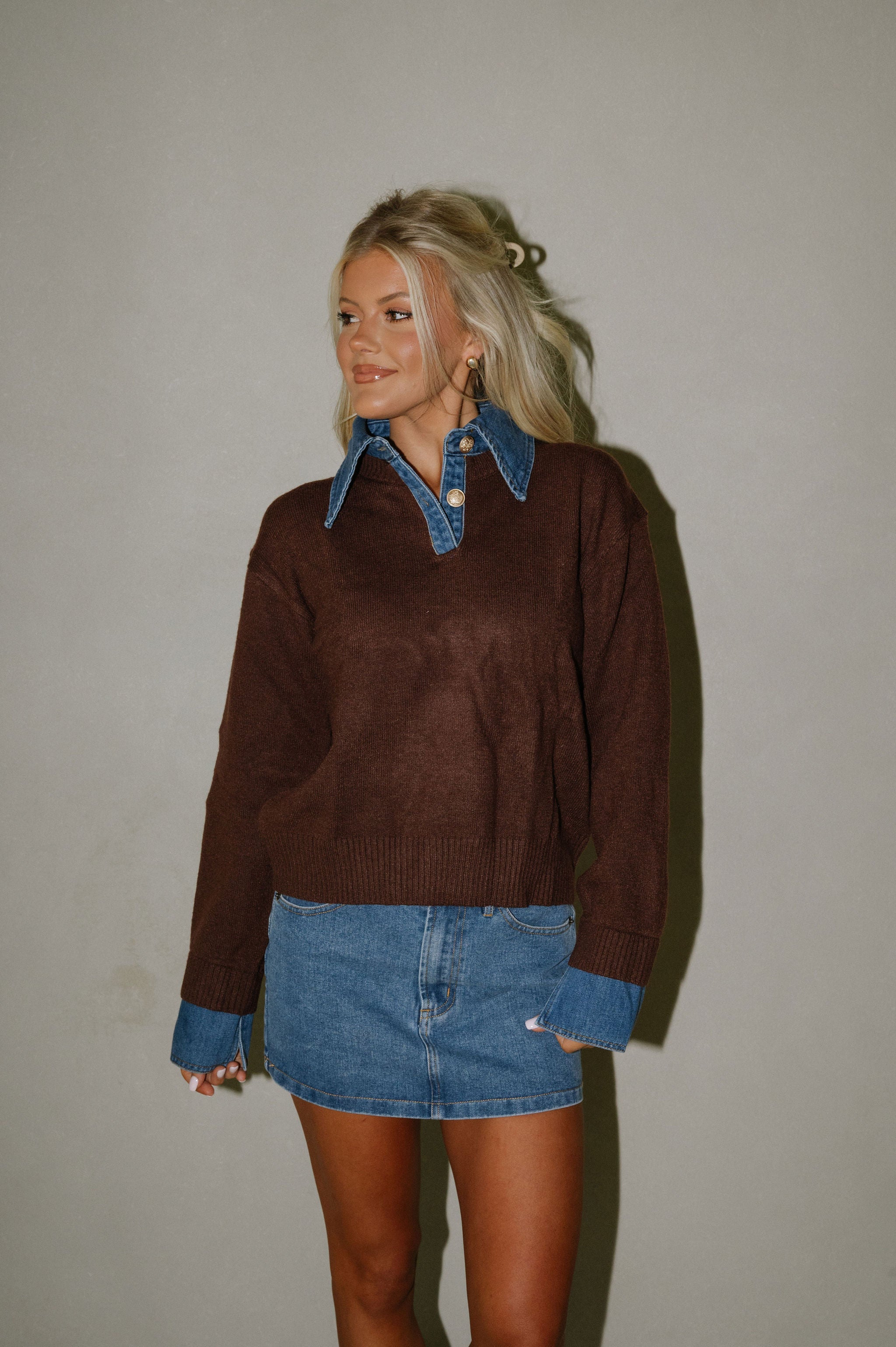 Denim Knit Top-Brown