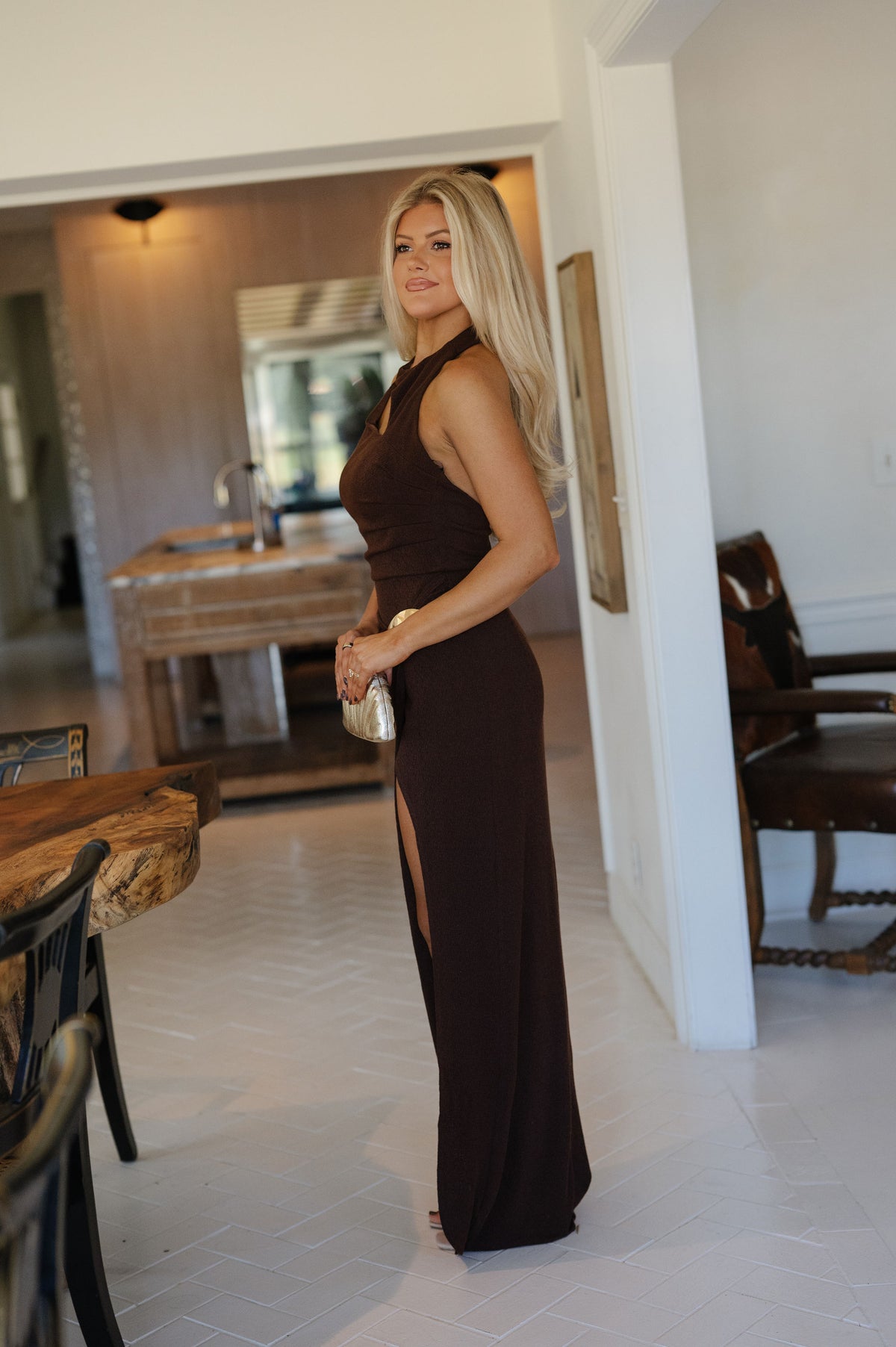 Gold Accent Halter Maxi Dress-Brown