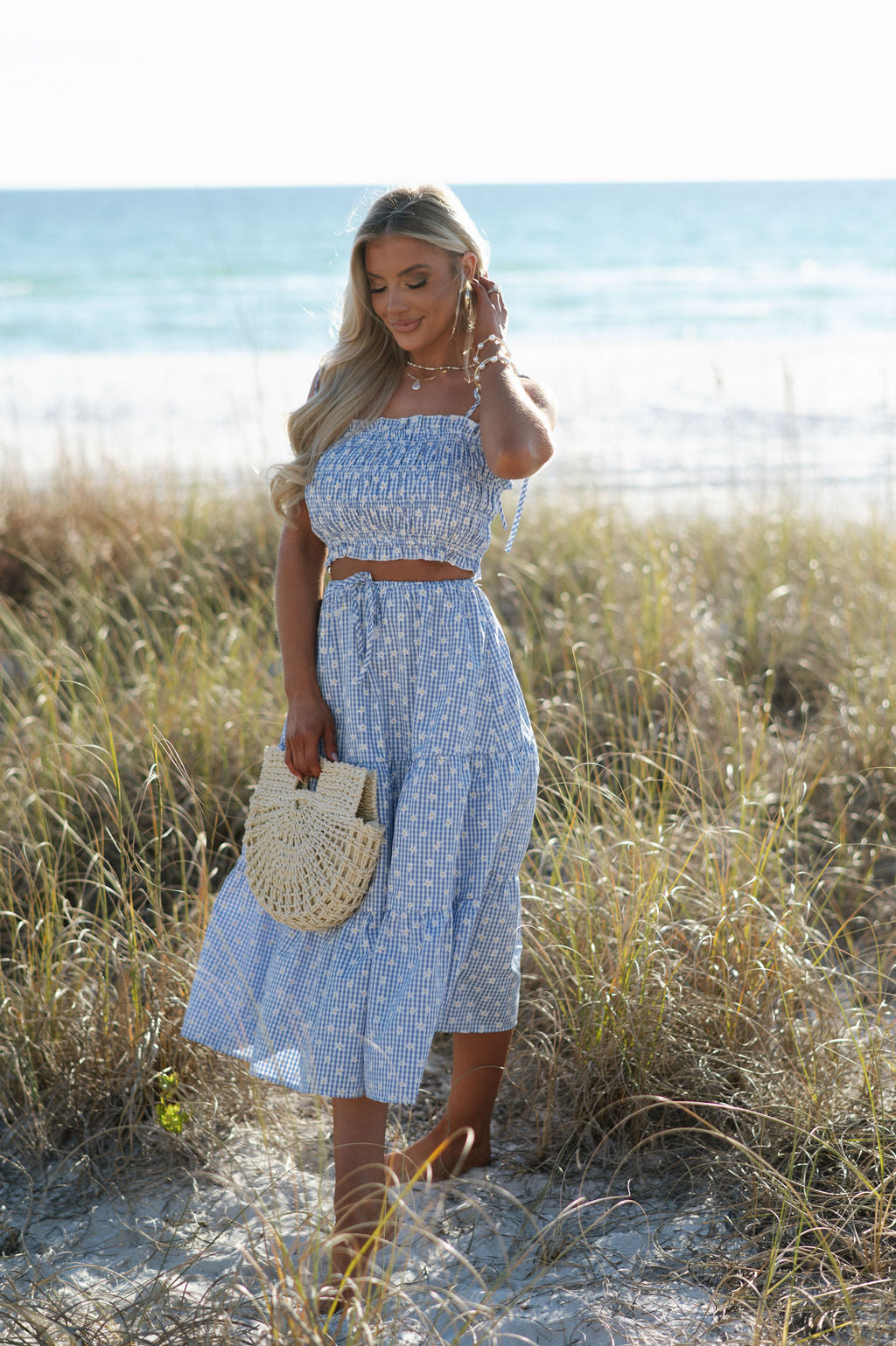 Flower Gingham Skirt Set-Blue