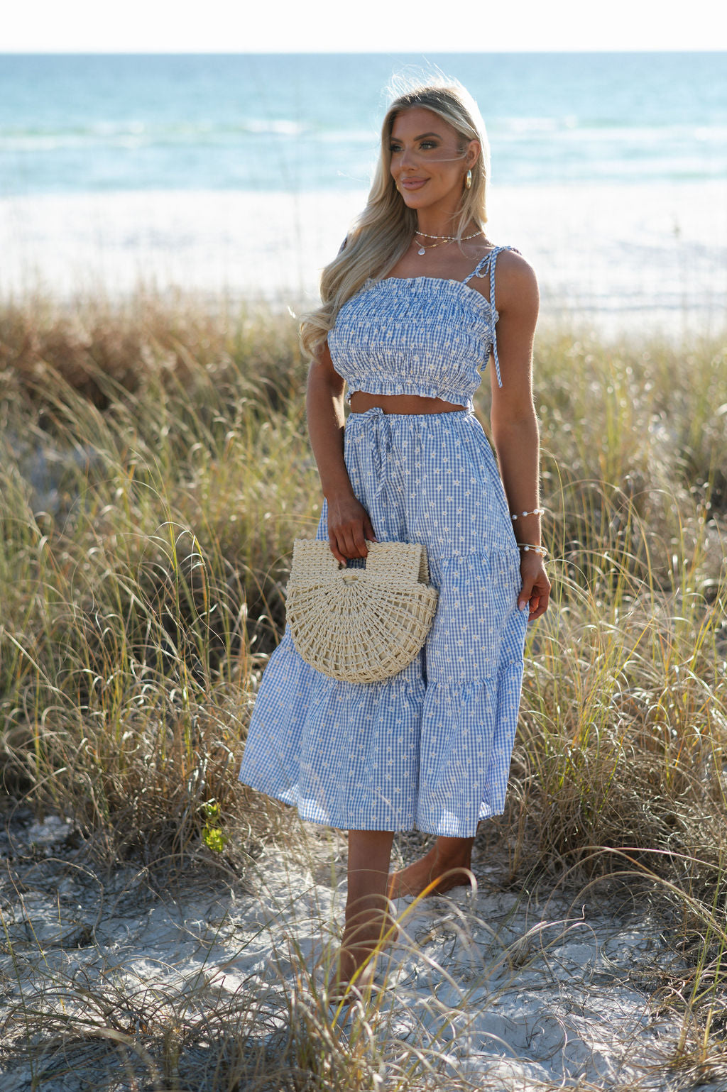 Flower Gingham Skirt Set-Blue