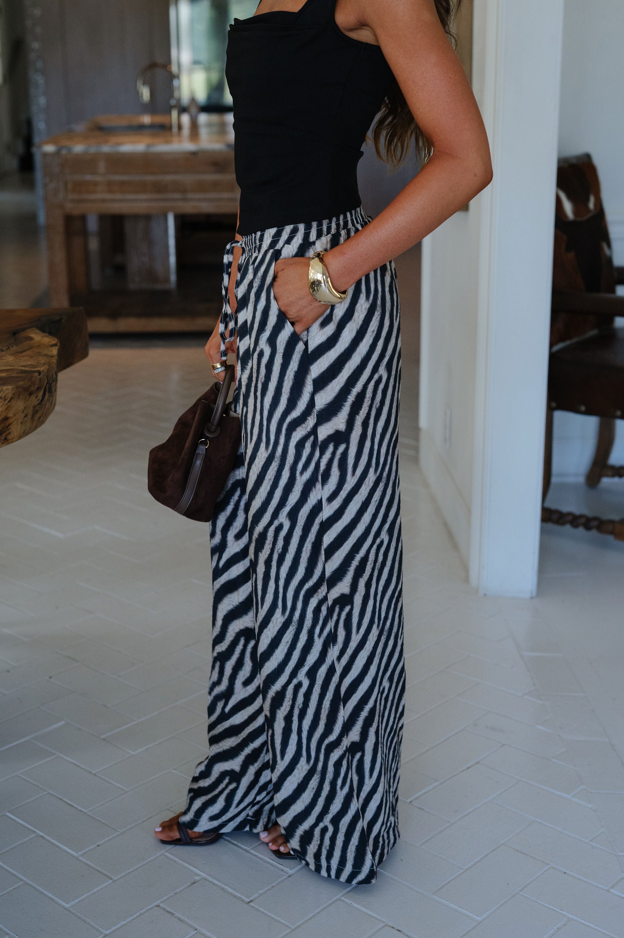 Zebra Wide Leg Pants-Ash black