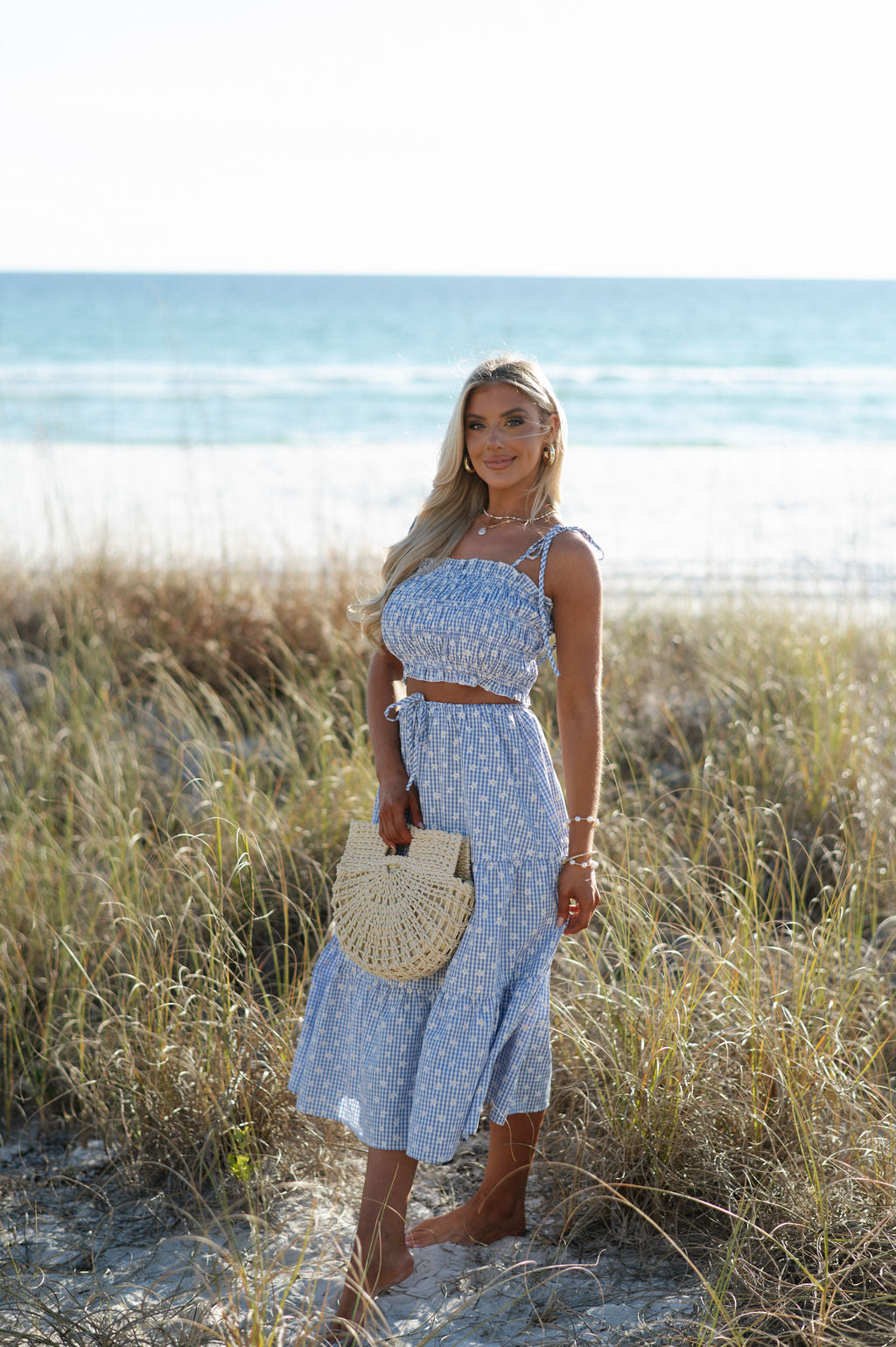 Flower Gingham Skirt Set-Blue