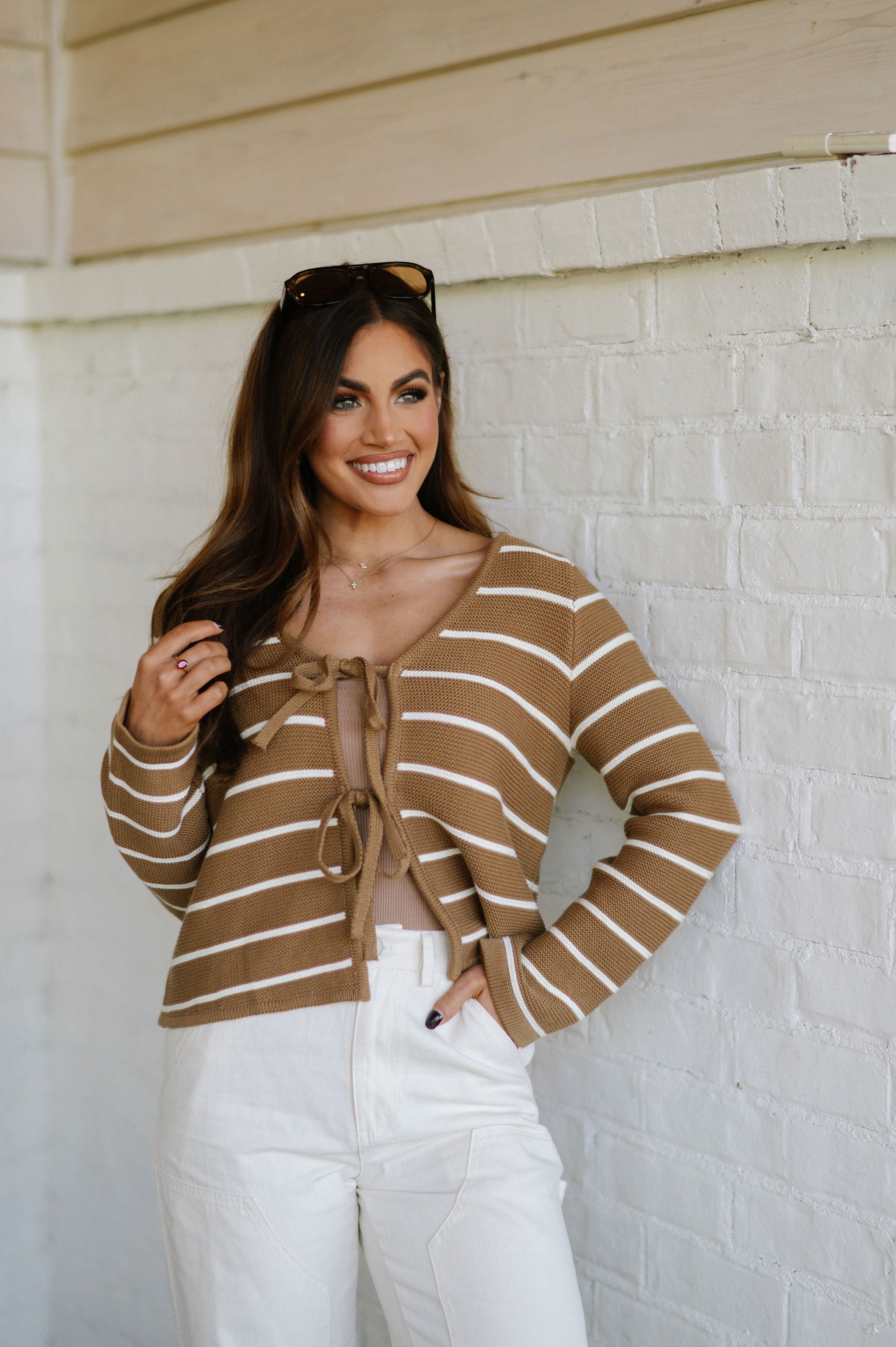 Striped Tie Front Cardigan-Mocha/White