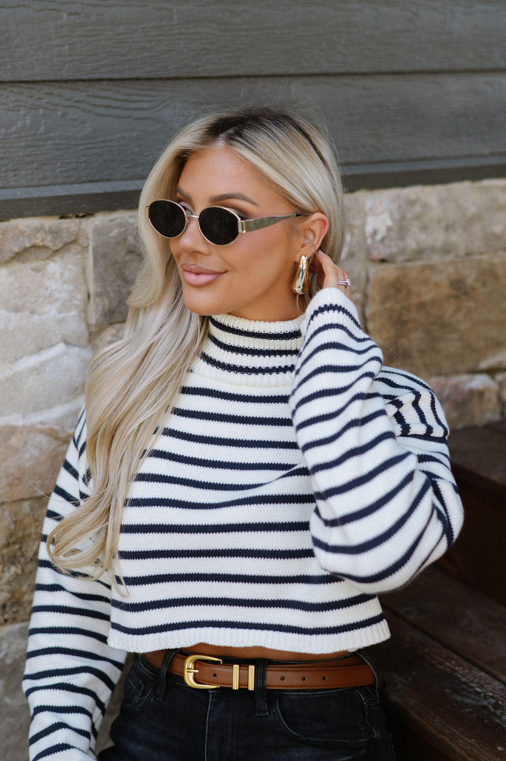 Striped Ribbed Sweater-Ivory/Navy