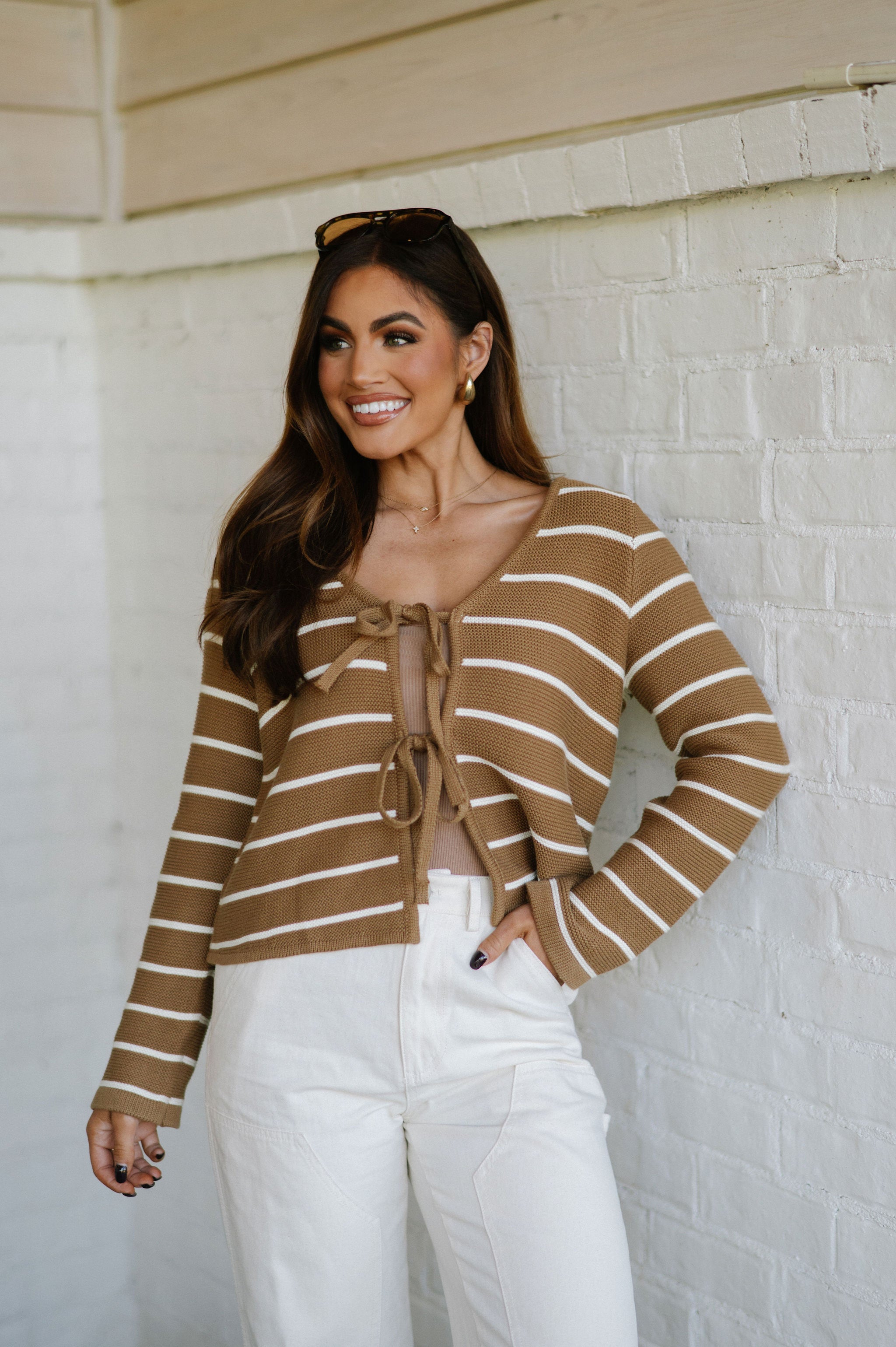 Striped Tie Front Cardigan-Mocha/White