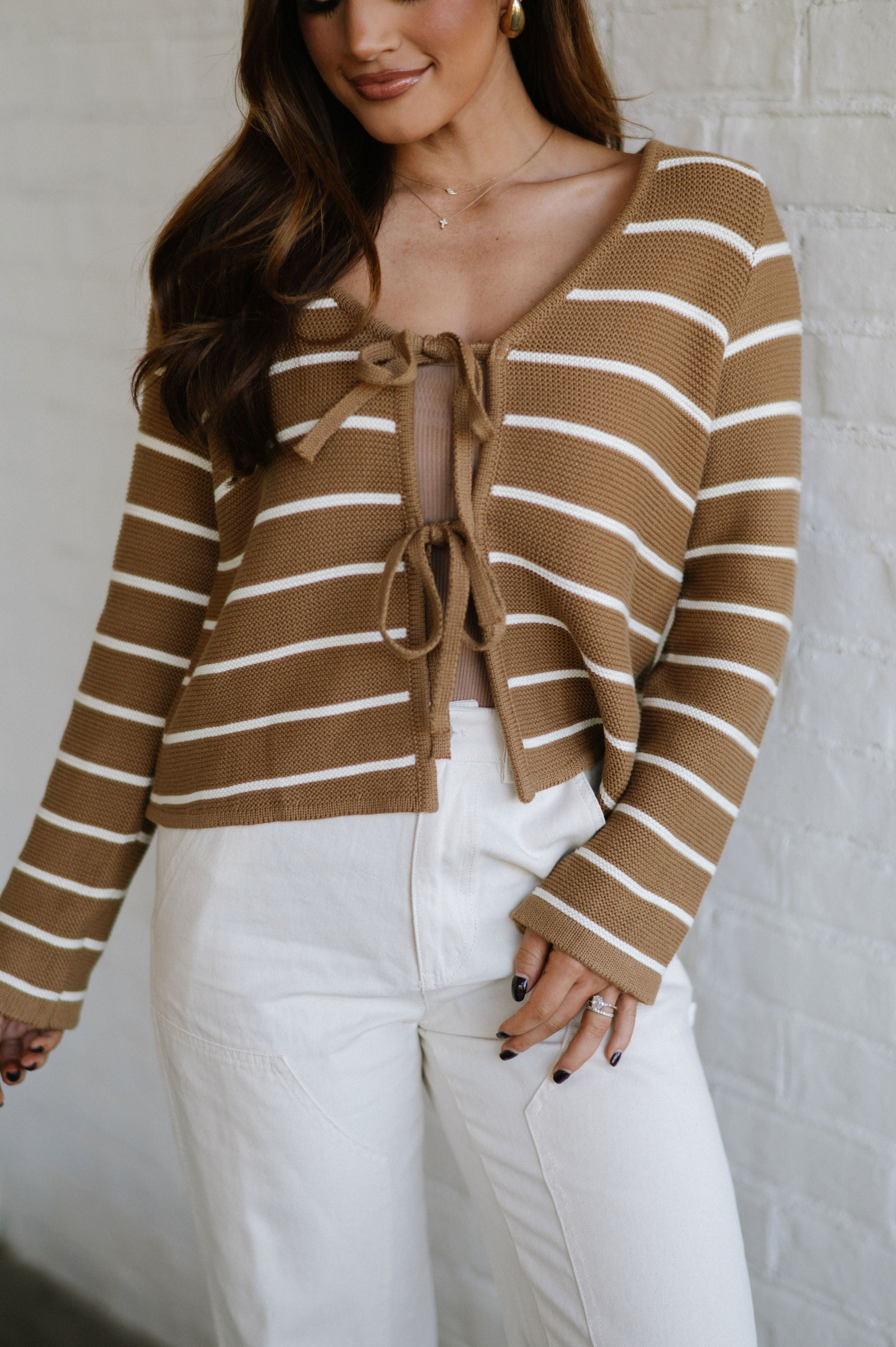 Striped Tie Front Cardigan-Mocha/White